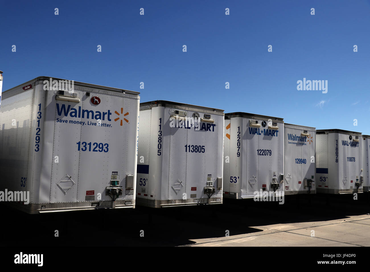 Row of Walmart Trailers at a Distribution Center in Rural Oregon Stock
