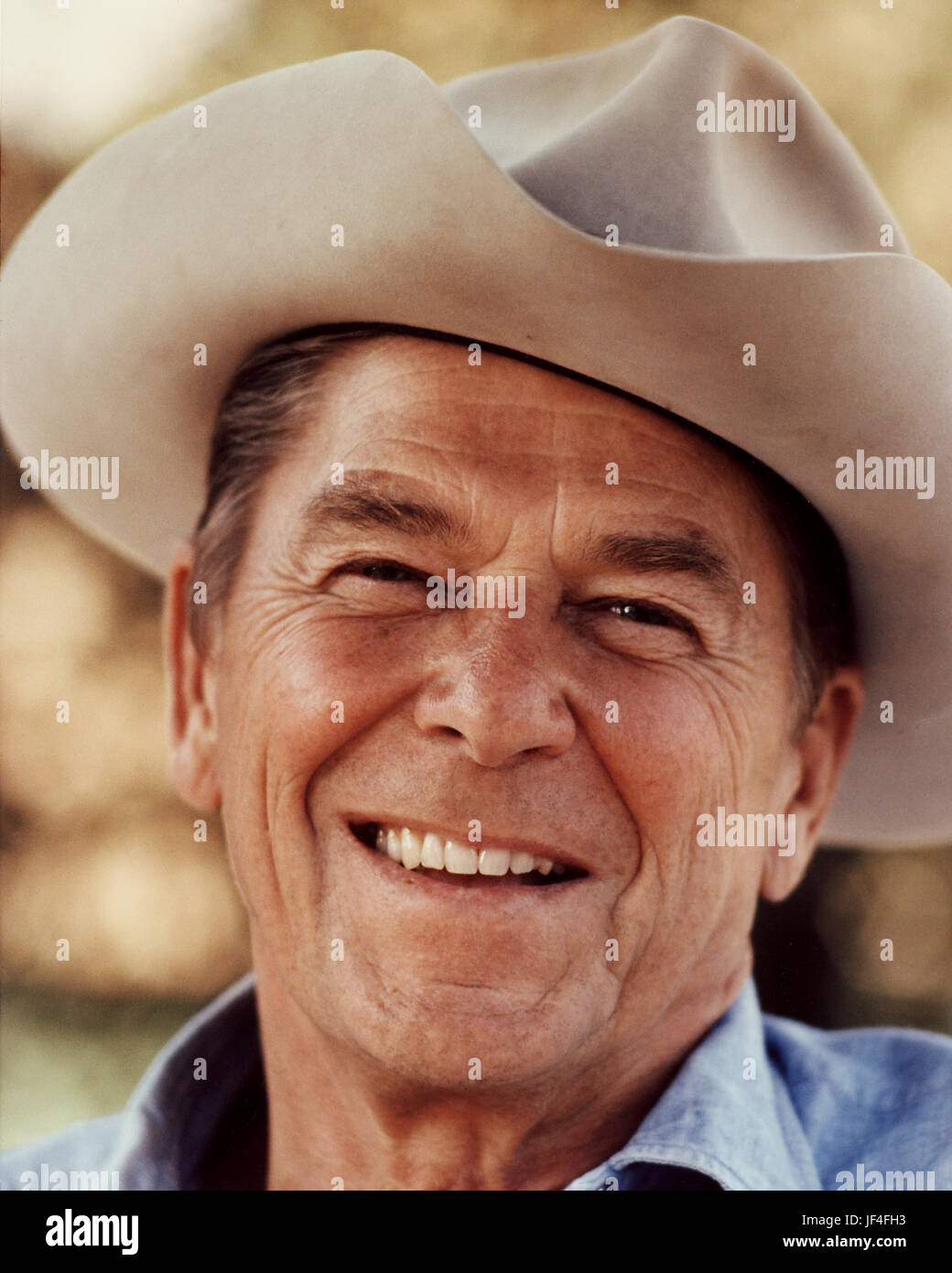 Ronald Reagan wearing cowboy hat at Rancho Del Cielo in California. 1976. Stock Photo