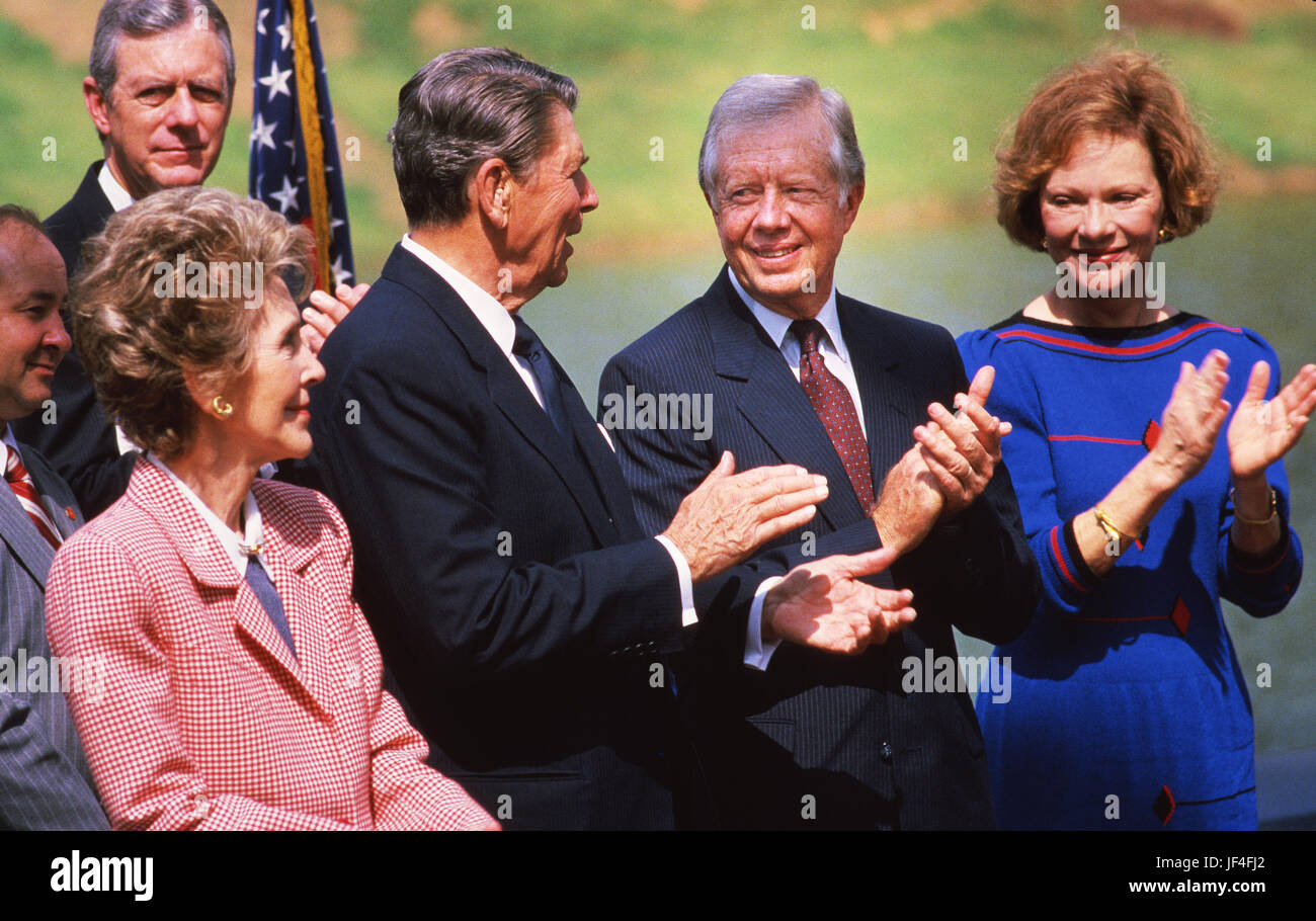 Former President Jimmy Carter and wife Rosalyn and former President Ronald Reagan and wife Nancy at the opening of The Carter Presidential Library in Atlanta, Georgia. Photograph by Ken Hawkins Stock Photo