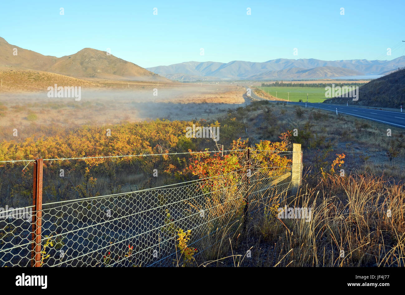 The autumnal tones of Central Otago in the hills and wild Rose Hip bushes are highlighted by first light. In the distance is the morning mist and the  Stock Photo