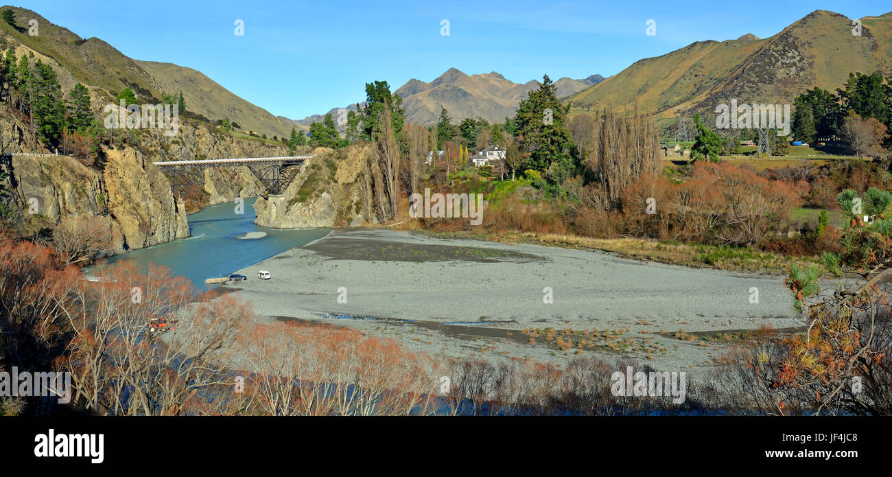 Panoramic view of the Waiau River and Hanmer Bridge in the middle of Winter, North Canterbury, New Zealand. Stock Photo