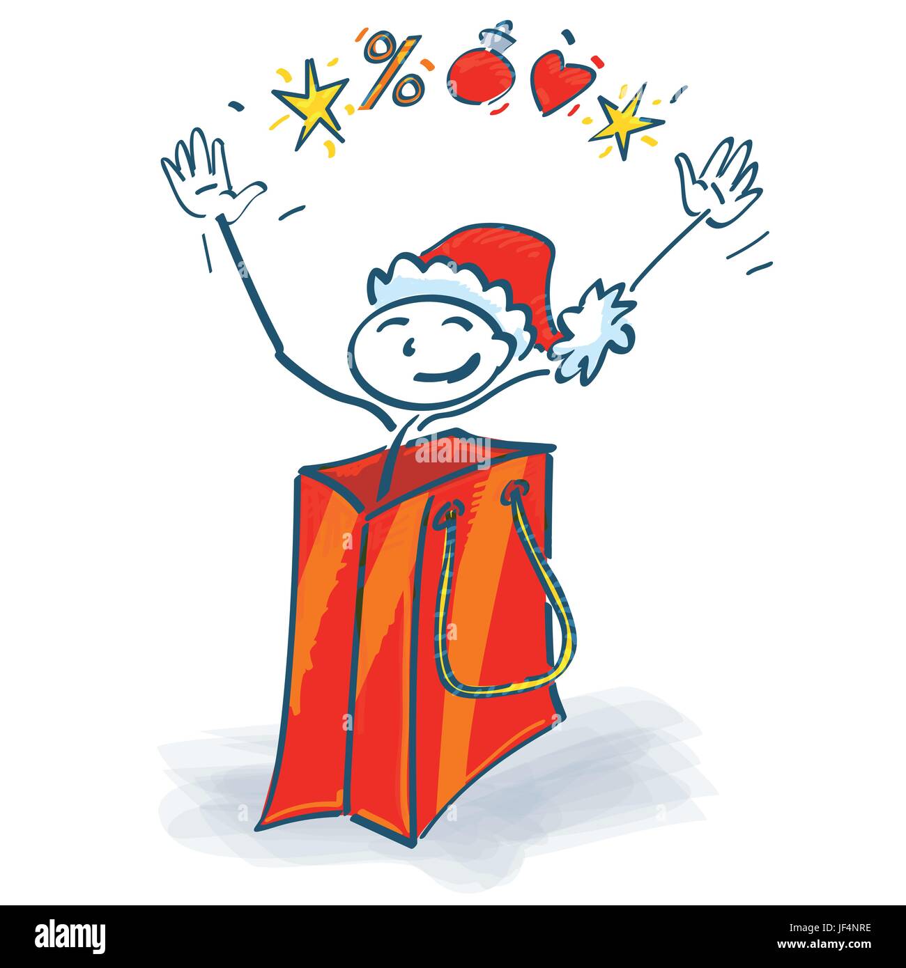 stick figure santa claus looking out of christmas bag Stock Vector