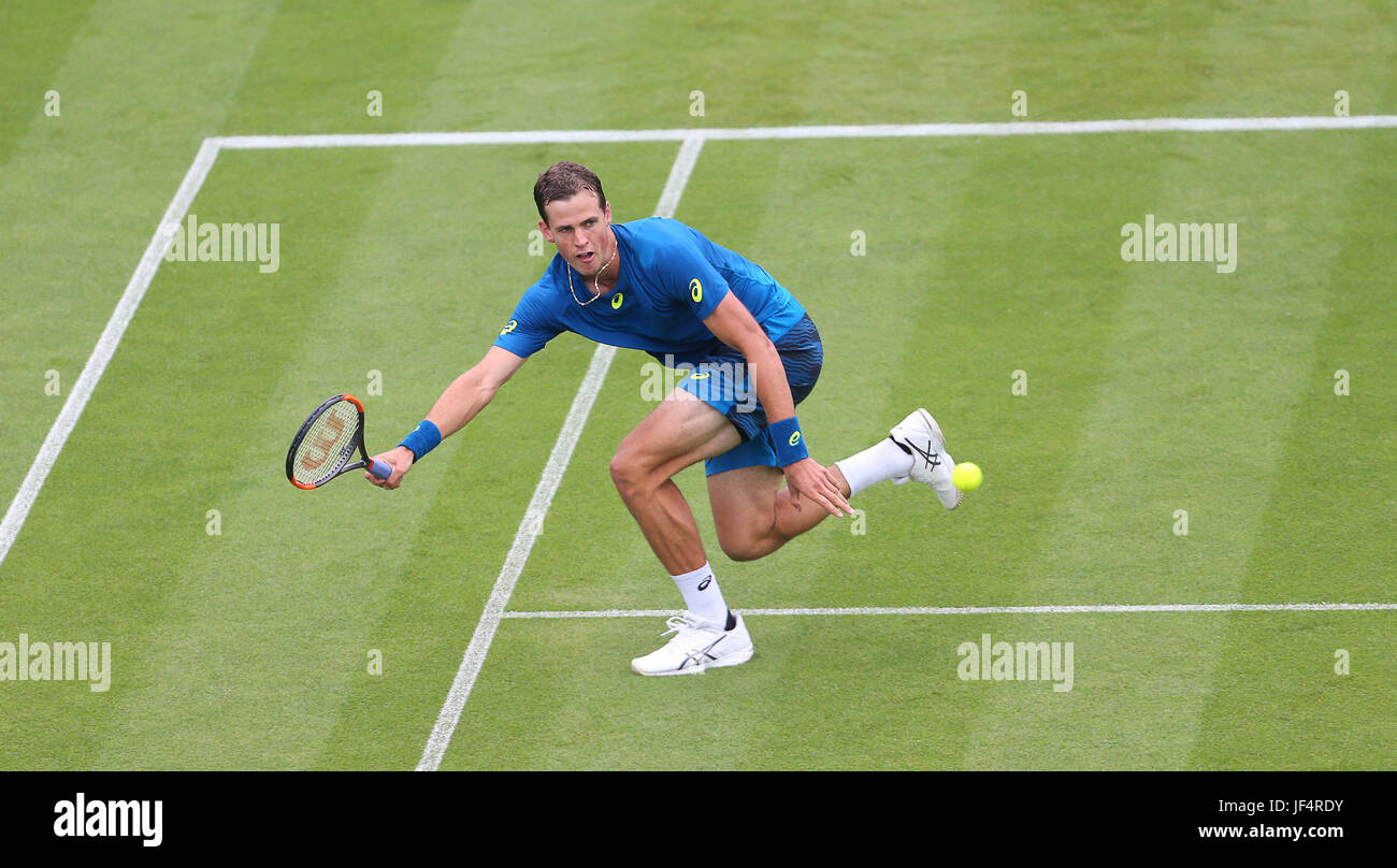 Eastbourne, UK. 28th June, 2017. Vasek Pospisil of Canada in action against Novak Djokovic of Serbia during day four of the Aegon International Eastbourne on June 28, 2017 in Eastbourne, England Credit: Paul Terry Photo/Alamy Live News Stock Photo