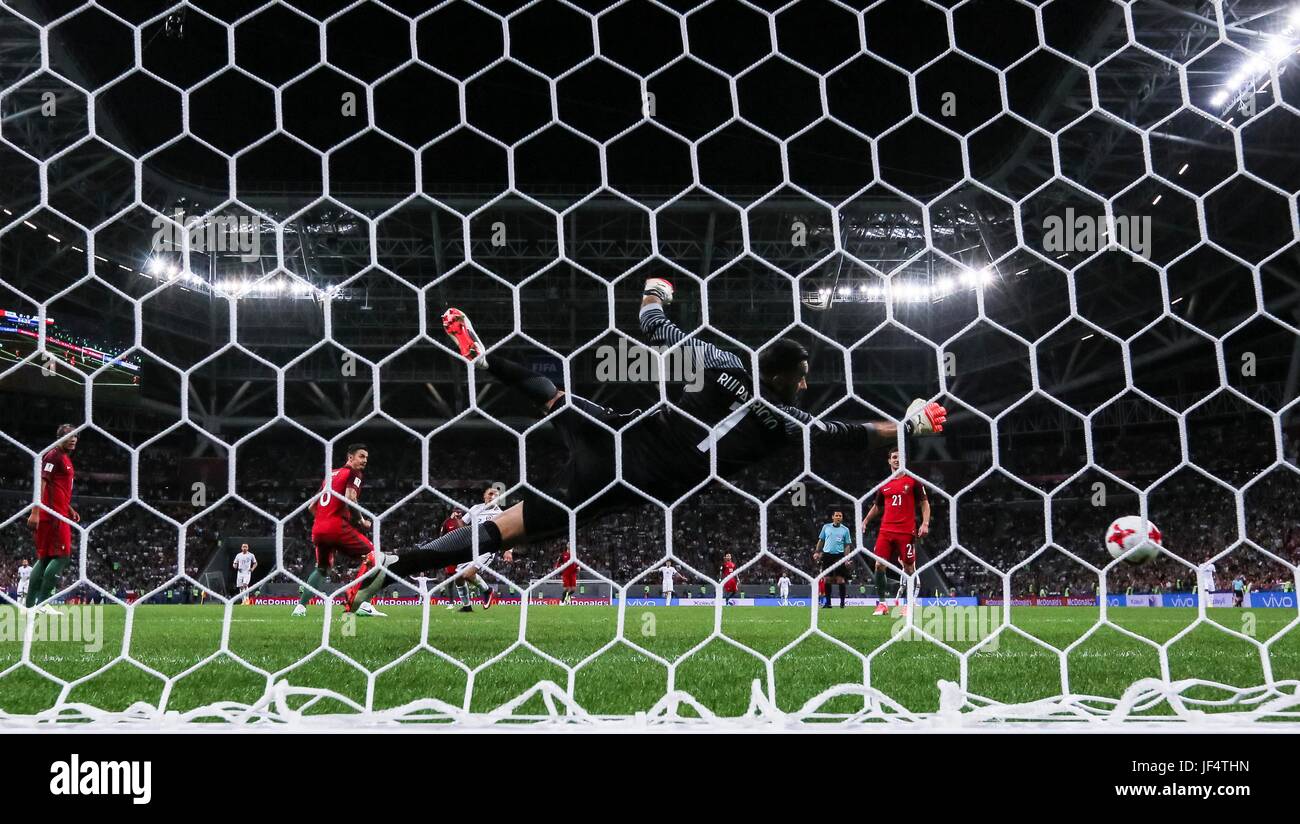 Kazan, Russia. 28th June, 2017. Goalkeeper Rui Patricio (front) of Portugal reaches out to save the ball during the FIFA Confederations Cup 2017 semifinal match against Chile in Kazan, Russia, June 28, 2017. Credit: Bai Xueqi/Xinhua/Alamy Live News Stock Photo