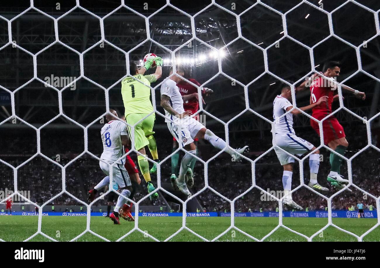 Kazan, Russia. 28th June, 2017. Claudio Bravo (L2) of Chile saves the ball during the FIFA Confederations Cup 2017 semifinal match against Portugal in Kazan, Russia, June 28, 2017. Credit: Bai Xueqi/Xinhua/Alamy Live News Stock Photo