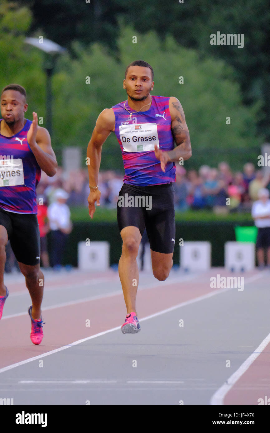 Coquitlam, British Columbia, Canada. 28th June, 2017. Andre De Grasse won the 100-metre race with a posted time of 10.17 seconds on Wednesday night at the Harry Jerome Track Classic at the Percy Perry Stadium. He used the race as preparation for the Canadian track and field championships, starting next week in Ottawa and the world championships in London in early August. Joe Ng/Alamy Live News Stock Photo