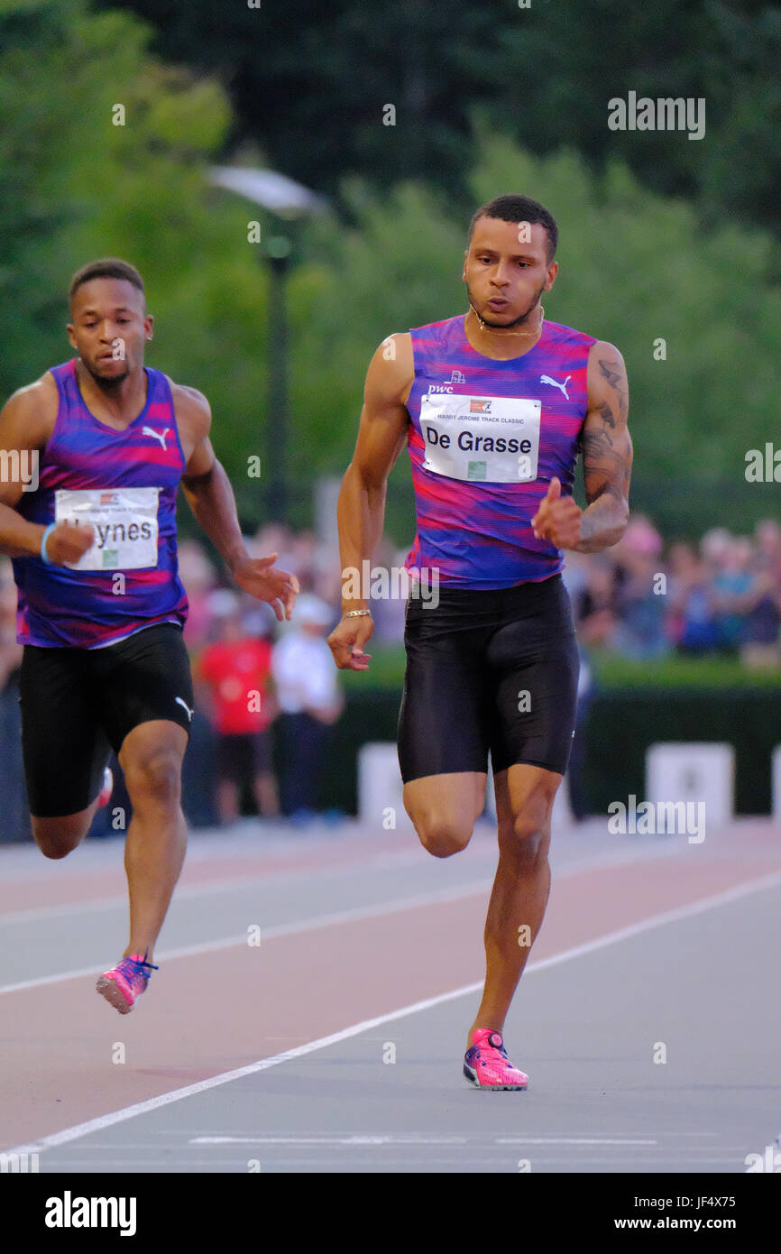 Coquitlam, British Columbia, Canada. 28th June, 2017. Andre De Grasse won the 100-metre race with a posted time of 10.17 seconds on Wednesday night at the Harry Jerome Track Classic at the Percy Perry Stadium. He used the race as preparation for the Canadian track and field championships, starting next week in Ottawa and the world championships in London in early August. Joe Ng/Alamy Live News Stock Photo