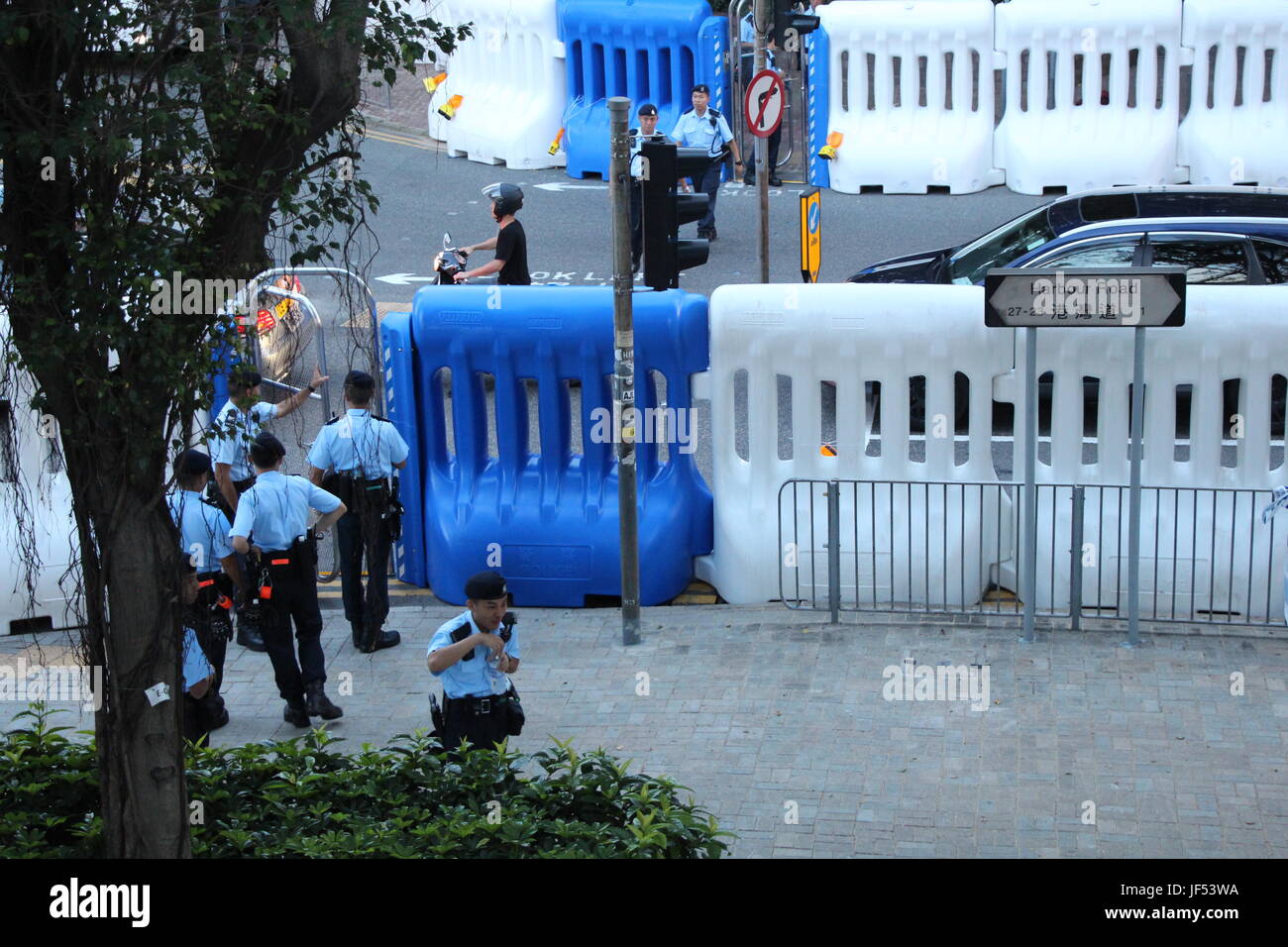 Barricades on Harbour Road, Wanchai, Hong Kong Island, on the first day of President Xi Jinping's visit to mark the 20th anniversary of the handover Stock Photo