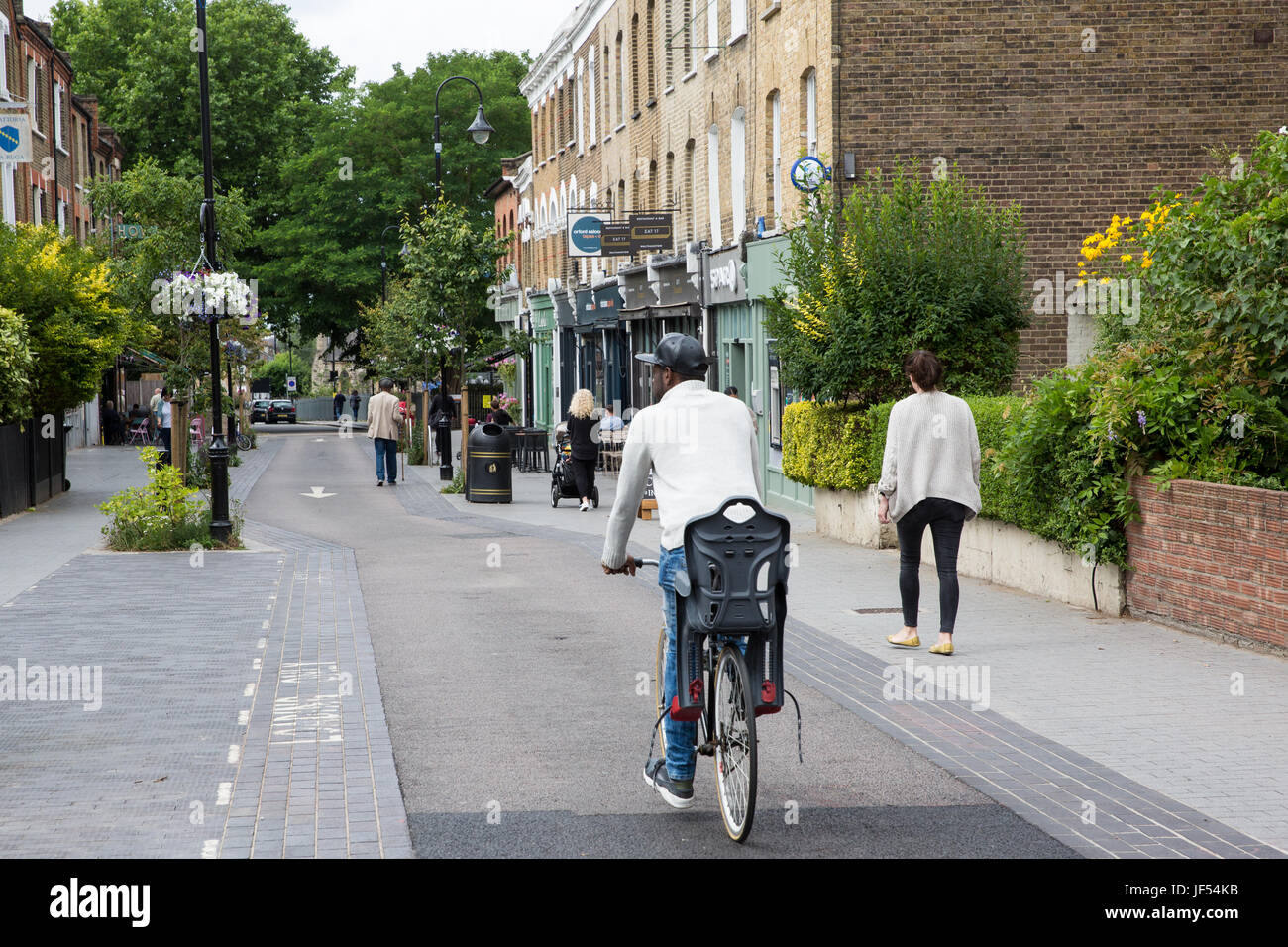 London, UK. 29th June, 2017. Orford Road in Walthamstow is now closed to traffic other than cyclists and local buses between 10am-10pm as part of the London Borough of Waltham Forest's Mini-Holland scheme and Enjoy Waltham Forest programme. Credit: Mark Kerrison/Alamy Live News Stock Photo