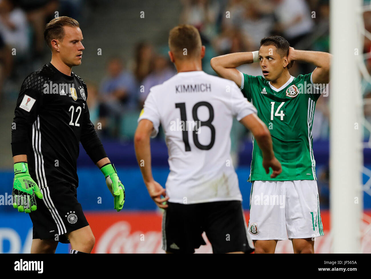 SOCHI, SC - 29.06.2017: GERMANY VS MEXICO - HERNANDEZ Javier de México regrets bid ahead of Marc-Andre TER STEGEN and Joshua KIMMICH of Germany during a match between Germany and Mexico valid for the semifinals of the Confederations Cup 2017, held on Thursday (29), held at the Sochi Olympic Stadium in Sochi, Russia. (Photo: Rodolfo Buhrer/La Imagem/Fotoarena) Stock Photo