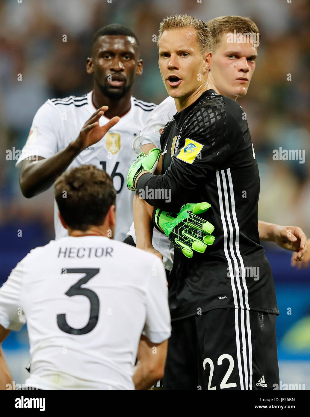 SOCHI, SC - 29.06.2017: GERMANY VS MEXICO - Jonas HECTOR, Marc-Andre TER STEGEN, Antonio RUEDIGER and Matthias GINTER from Germany during a match between Germany and Mexico in the semifinals of the 2017 FIFA Confederations Cup on Thursday at the Sochi Olympic Stadium in Sochi. Russia. (Photo: Rodolfo Buhrer/La Imagem/Fotoarena) Stock Photo