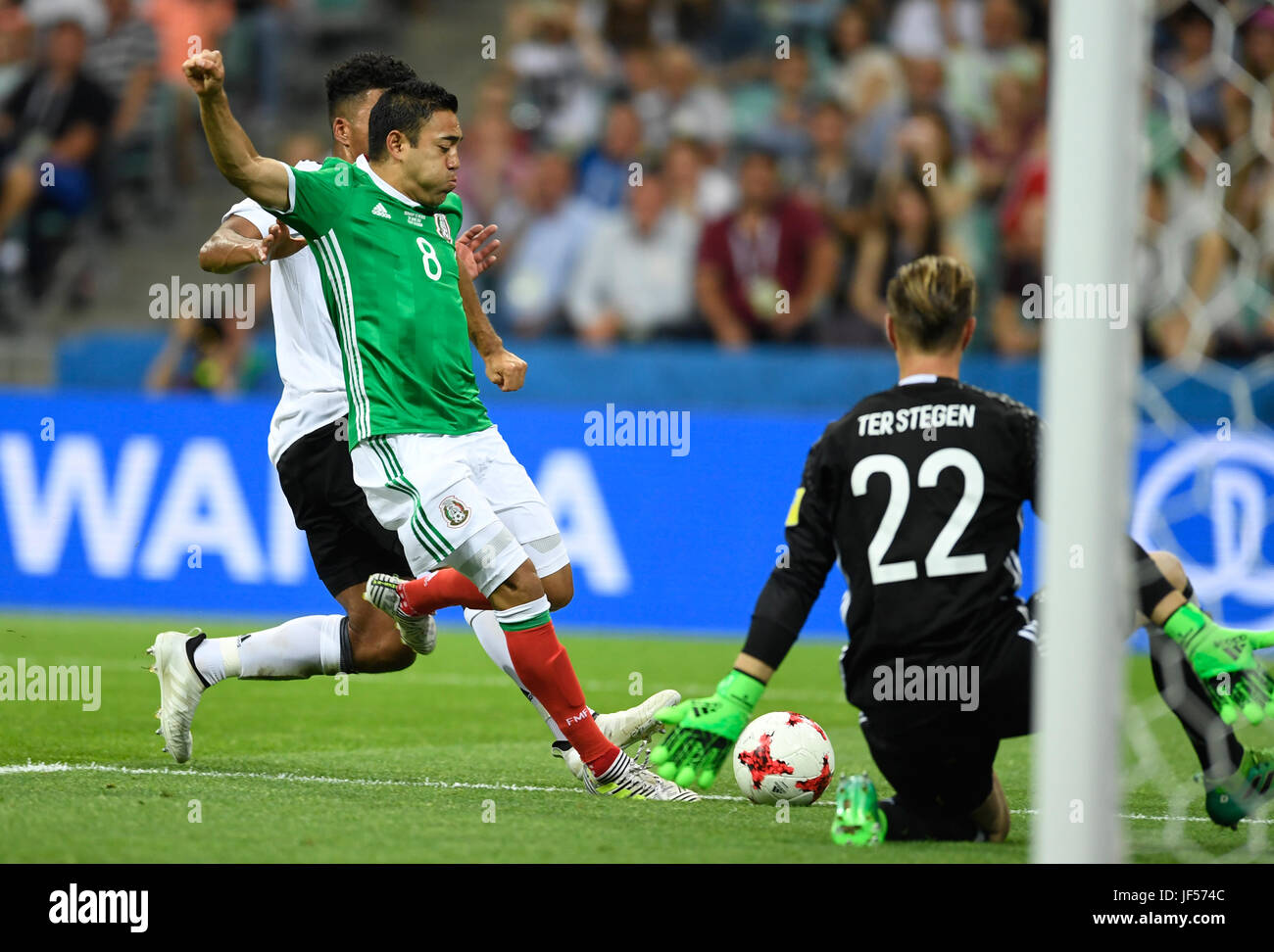 Sochi, Russia. 29th June, 2017. Mexico's Marco Fabian (M) plays against Germany's goalkeeper Marc-Andre ter Stegen during the semi-final of the Confederations Cup between Germany and Mexico at the Fisht Stadium in Sochi, Russia, 29 June 2017. Photo: Marius Becker/dpa/Alamy Live News Stock Photo