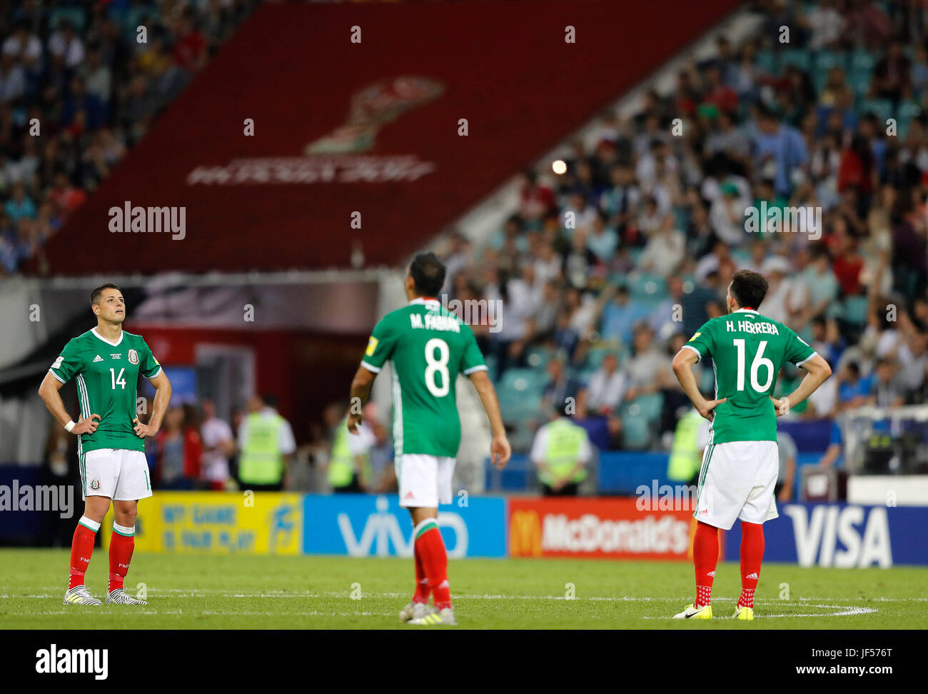 SOCHI, SC - 29.06.2017: GERMANY VS MEXICO - HERNANDEZ Javier, FABIAN Marco and HERRERA Hector of Mexico during a match between Germany and Mexico valid for the semifinals of the 2017 Confederations Cup on Thursday (29th), held at the Sochi Olympic Stadium in Sochi, Russia. (Photo: Rodolfo Buhrer/La Imagem/Fotoarena) Stock Photo