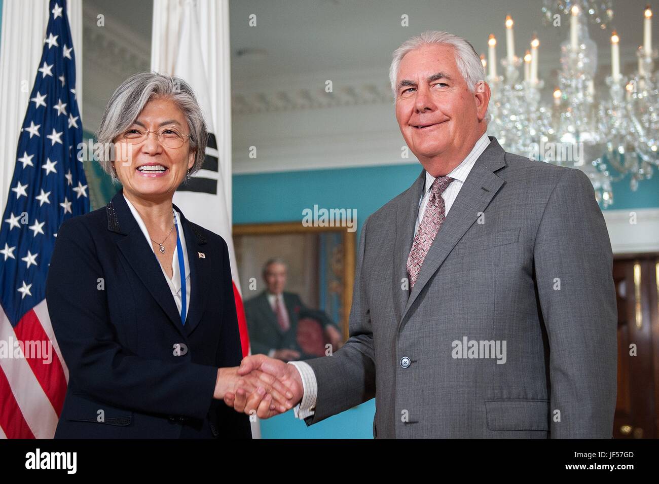 U.S. Secretary of State Rex Tillerson welcomes Korean Foreign Minister Kang Kyung-wha before the start of a bilateral meeting June 28, 2017 in Washington D.C. Stock Photo