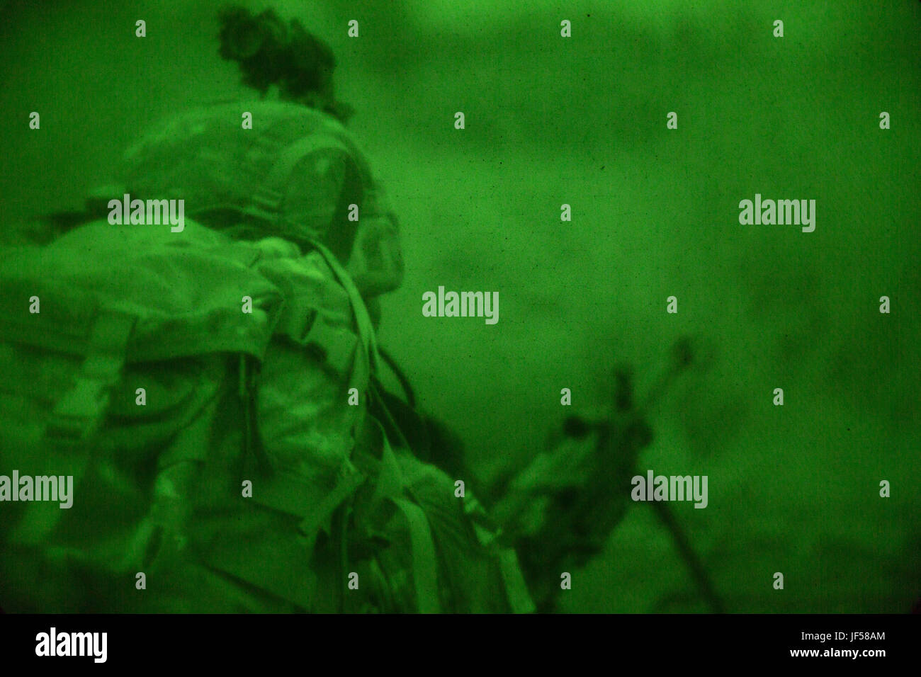 U.S. Soldiers assigned to the 1st Battalion, 506th Infantry Regiment, 1st, Brigade Combat Team, 101st Airbrone Division wait for execute the Night Live Firing Exercise during United Accord 2017 at Bundase Training Camp, Bundase, Ghana, May 26, 2017. United Accord (formerly Western Accord) 2017 is an annual, combined, joint military exercise that promotes regional relationships, increases capacity, trains U.S. and Western African forces, and encourages cross training and interoperability. (U.S. Army photo by Spc. Victor Perez Vargas) Stock Photo