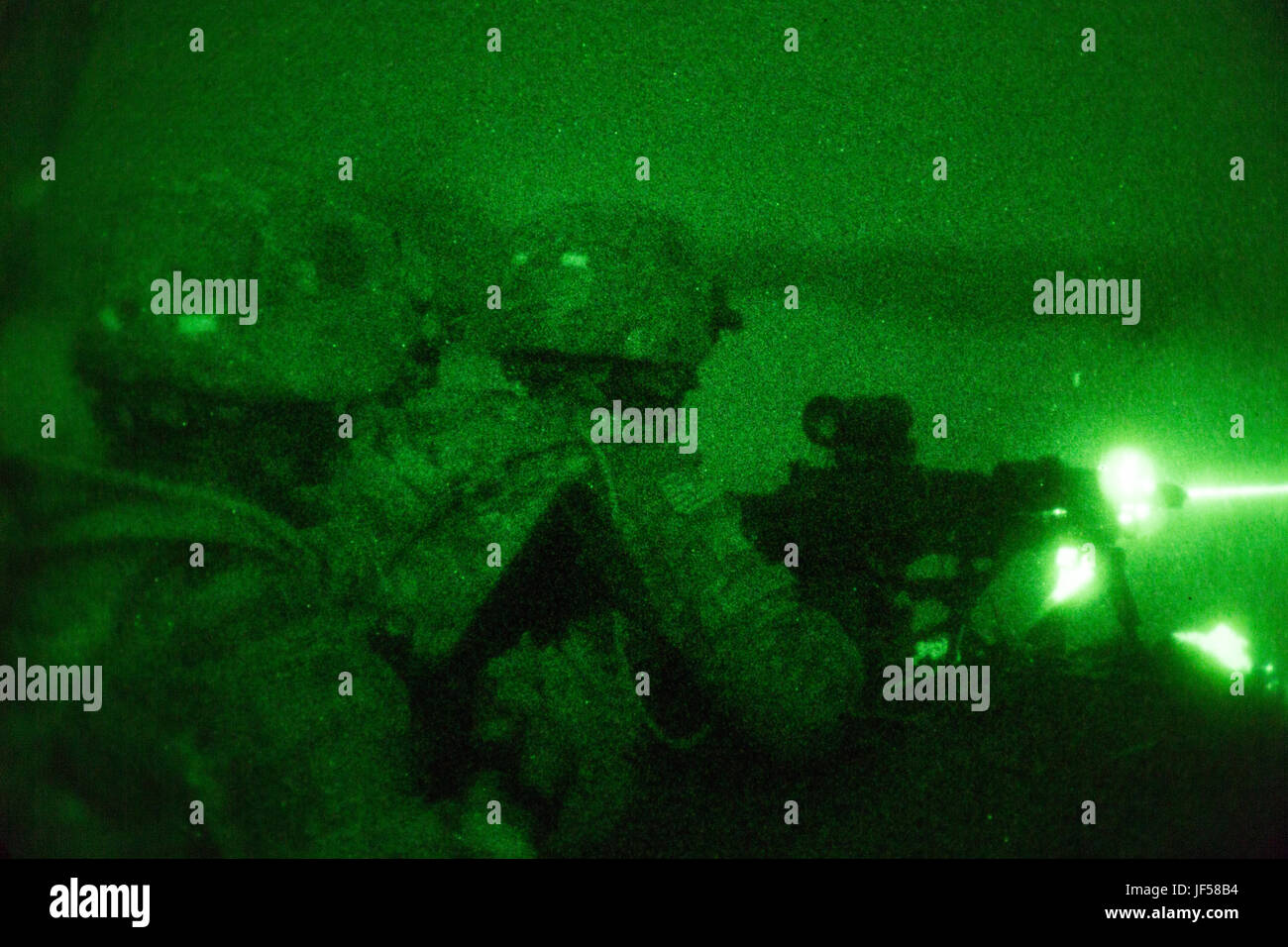 U.S. Soldiers assigned to the 1st Battalion, 506th Infantry Regiment, 1st, Brigade Combat Team, 101st Airborne Division engage a target at a Night Live Fire Exercise during United Accord 2017 at Bundase Training Camp, Bundase, Ghana, May 26, 2017. United Accord (formerly Western Accord) 2017 is an annual, combined, joint military exercise that promotes regional relationships, increases capacity, trains U.S. and Western African forces, and encourages cross training and interoperability. (U.S. Army photo by Spc. Victor Perez Vargas) Stock Photo