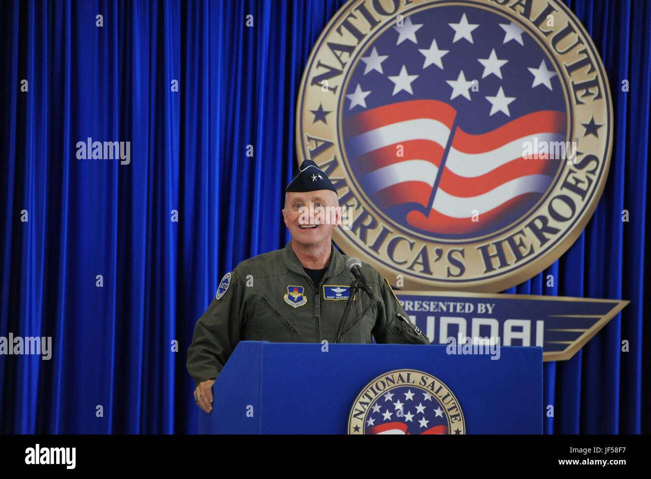Air Force Maj. Gen. Garrett Harencak, Air Force Recruiting Service commander, speaks during the