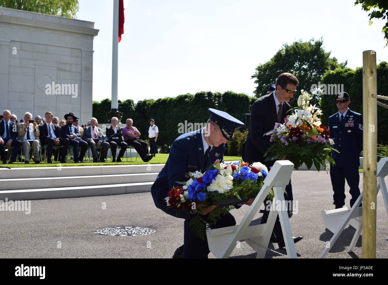 Brigadier General Dieter Bareihs, Director of Plans, Programs and Analysis U.S. Air Forces in Europe and Air Forces Africa, lays a wreath during a Memorial Day remembrance ceremony at St. Mihiel American Cemetery, France, May 28, 2017. This year, Memorial Day is especially meaningful because 2017 marks the centennial of U.S. entry into World War I. In the 17 months of U.S. participation in the war, 4.7 million Americans served in the war and 116,516 lost their lives fighting.  Tens of thousands are buried in U.S. military cemeteries here in Europe. (U.S. Air Force photo by Capt. Allie Stormer) Stock Photo