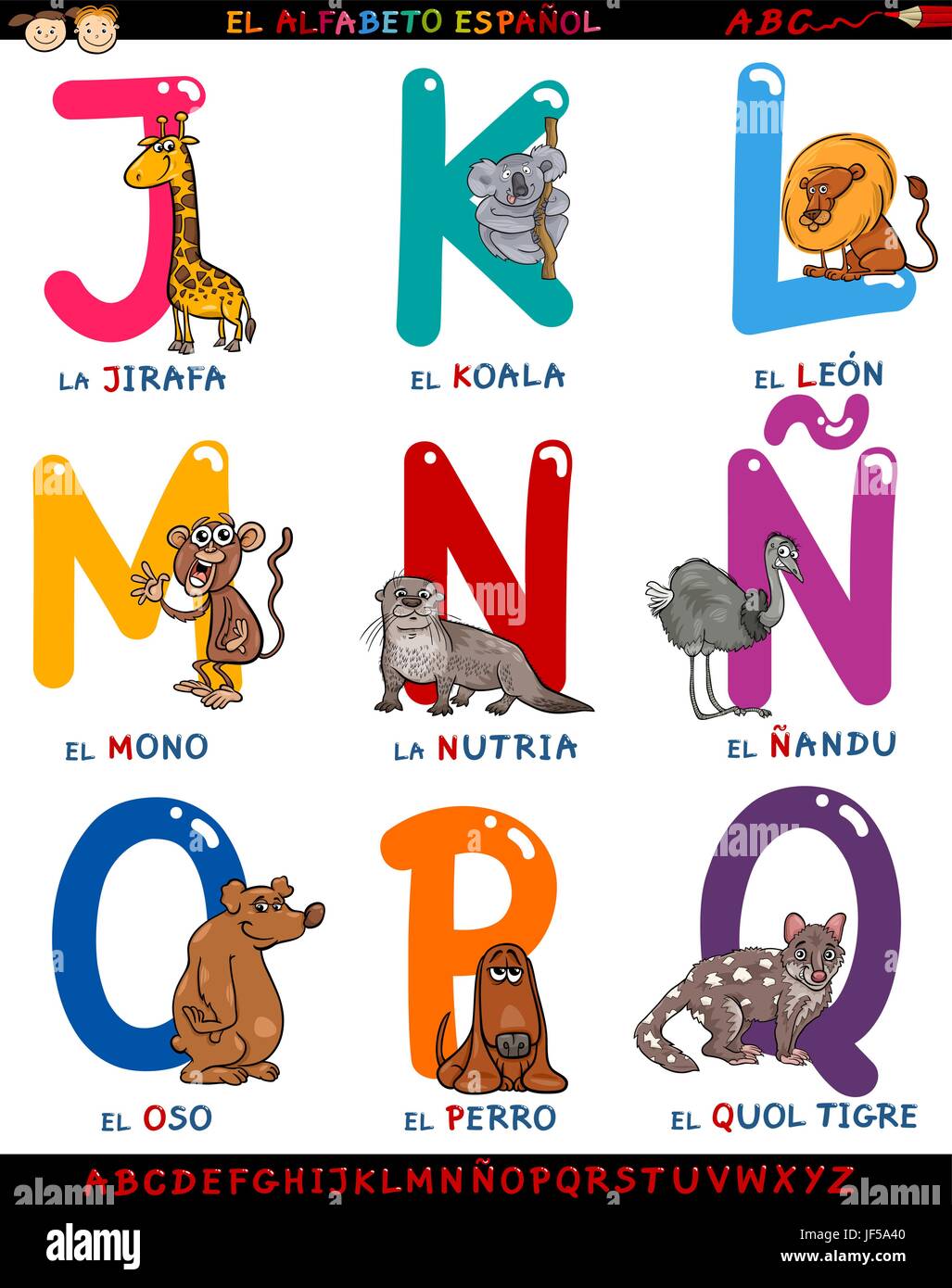 education, animals, illustration, spanish, alphabet, cartoon, ABC, school, Stock Vector