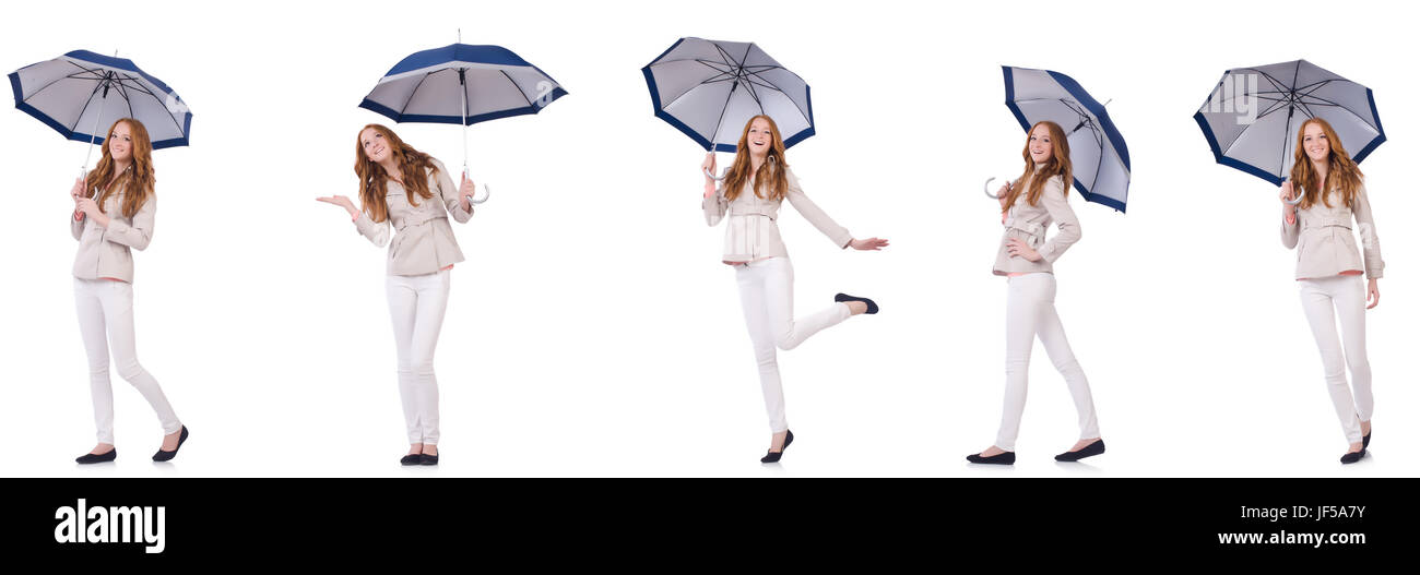 Young woman with umbrella on white Stock Photo - Alamy