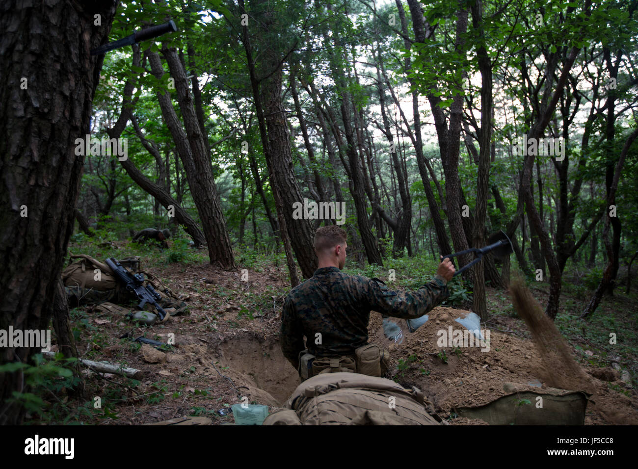 U.S. Marines and Sailors assigned to India Company, 3rd Battalion, 8th Marine Regiment, forward deployed to the 3rd Marine Division, as part of the forward Unit Deployed Program, dig two man fighting holes in a defensive position at Camp Mujuk, South Korea, May 30, 2017. Fighting holes are used to give Marines protection and the ability to provide fire while in a defensive position. (U.S. Marine Corps photo by Cpl. David A. Diggs) Stock Photo