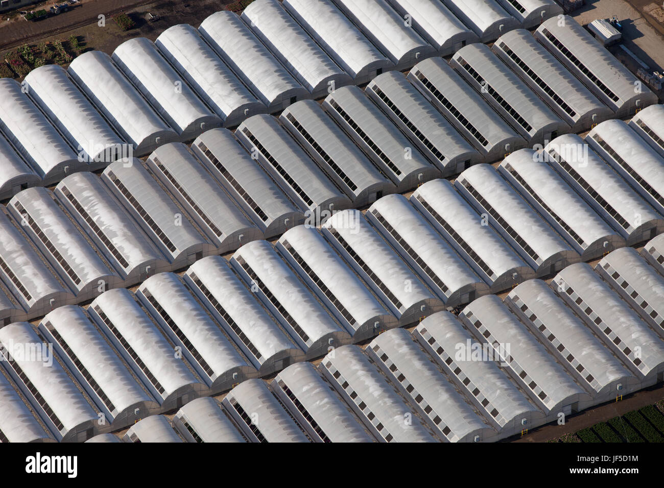 An aerial of many greenhouses in California, east of Napa Valley. Stock Photo