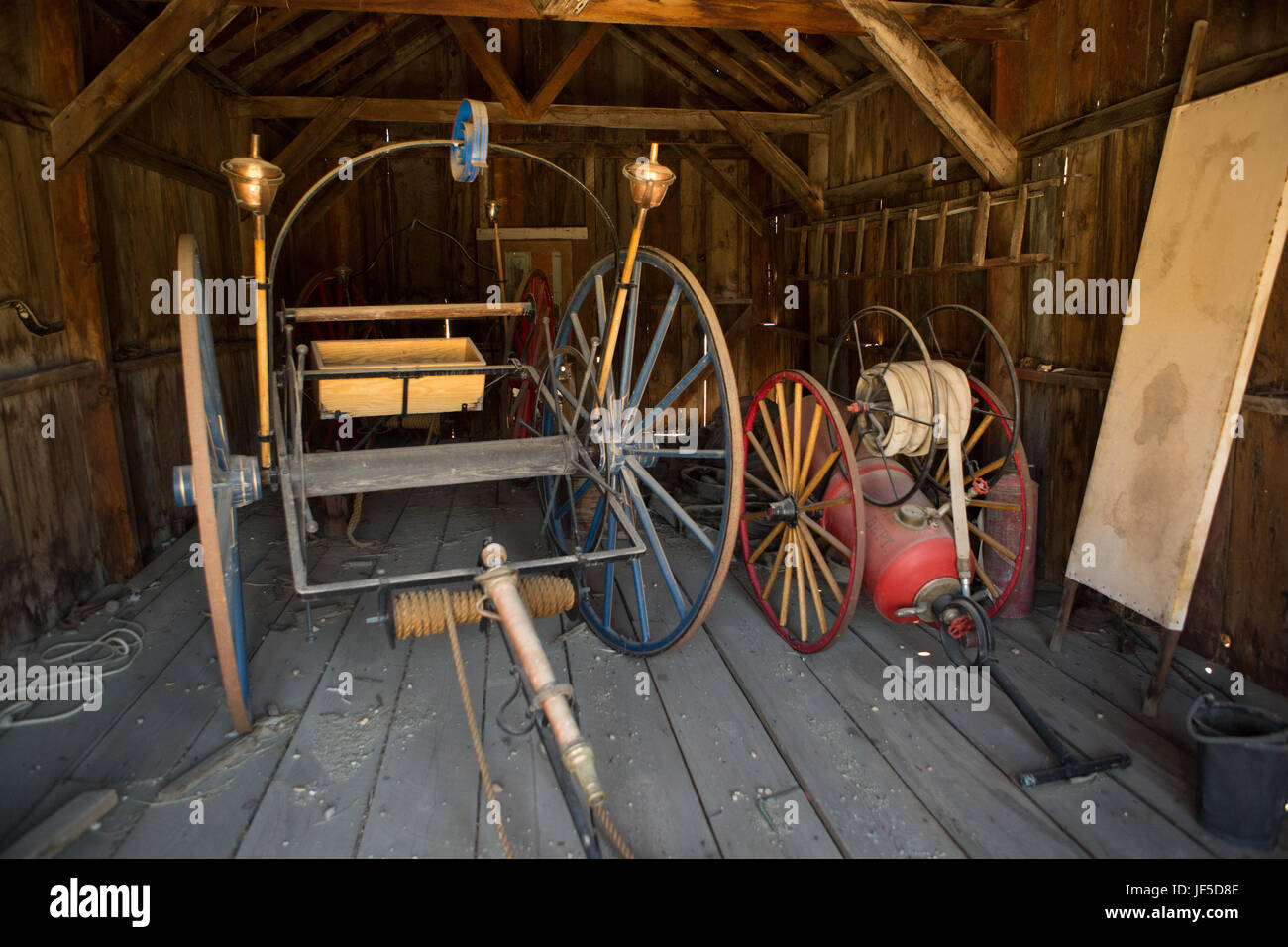 An abandoned fire station with emergency fire fighting equipment in Bodie Ghost Town. Stock Photo
