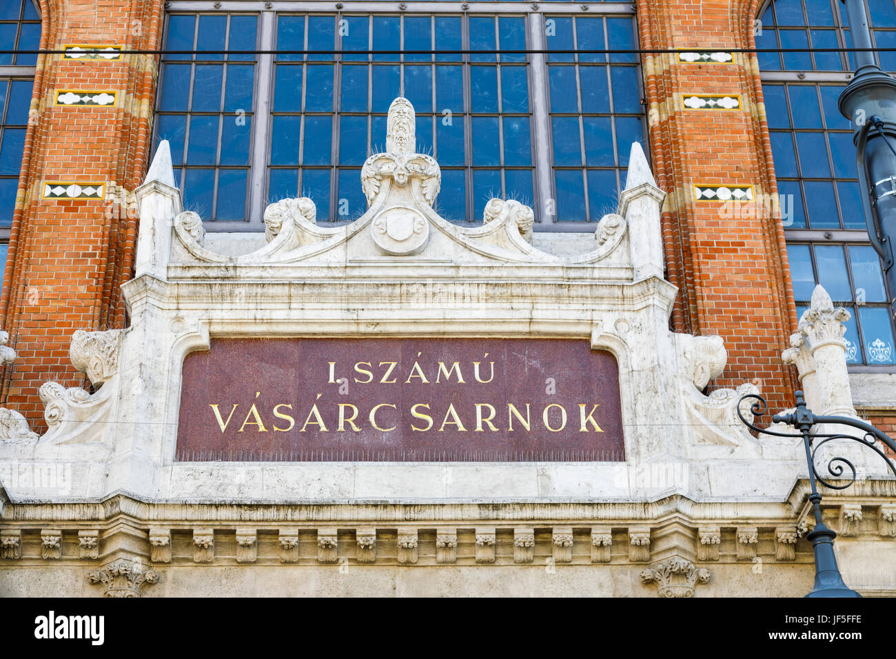 Name sign above the entrance to the indoor market at Central Market Hall (Vasarcsarnok), at end of Vaci ucta, Pest, Budapest, capital city of Hungary Stock Photo