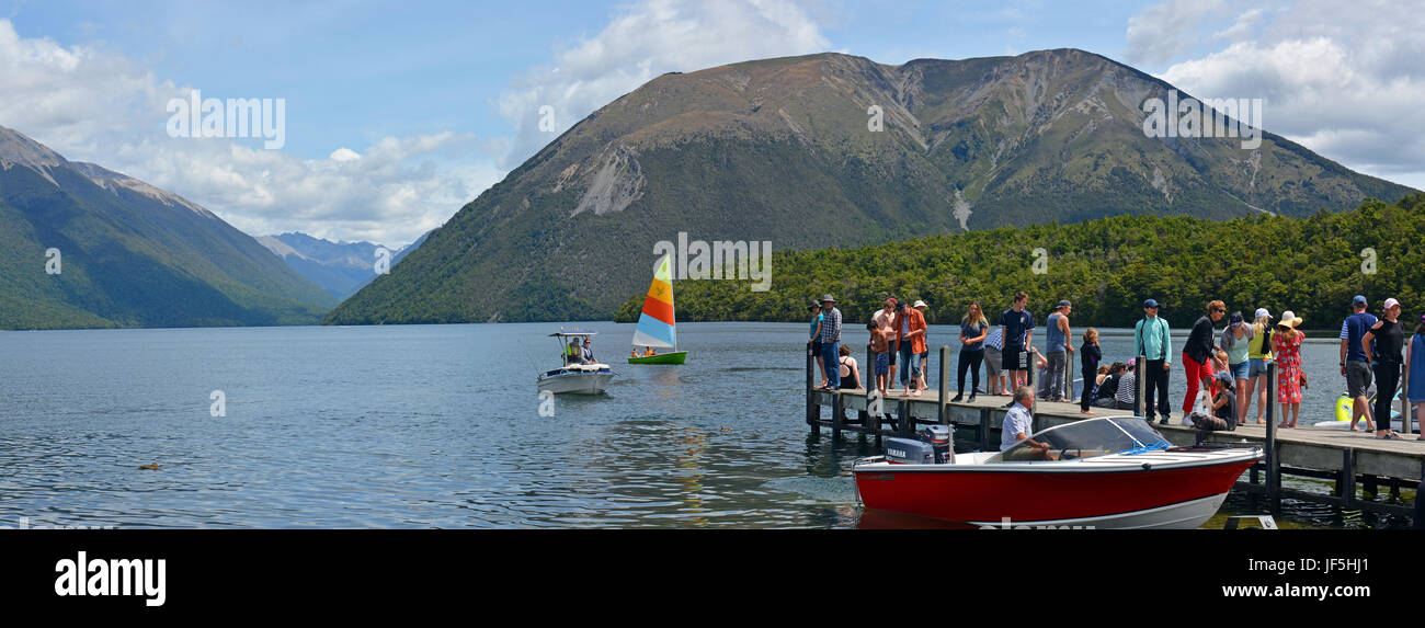 Rotoiti, New Zealand - December 26, 2016; People on holiday, boating and swimming at Lake Rotoiti in the Nelson Lakes District. Stock Photo