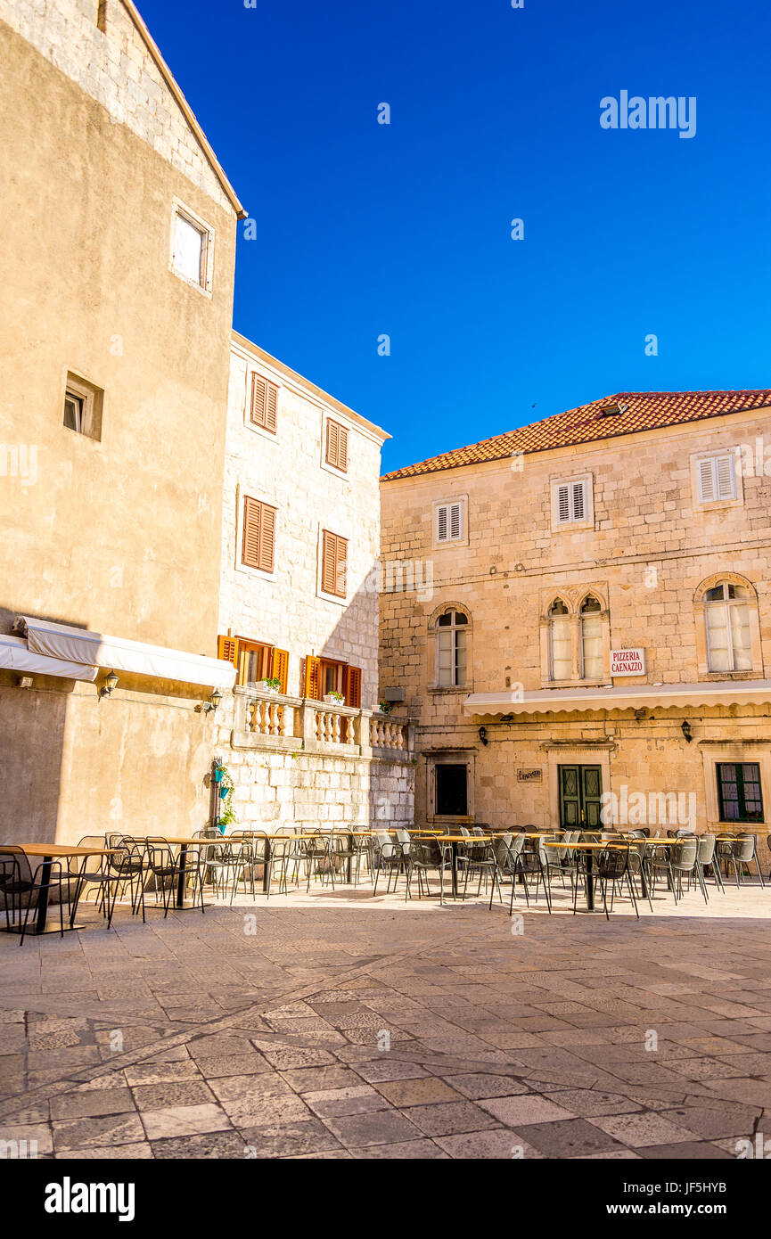 St Mark’s Square (Trg Svetog Marka) is the main square in Korcula Old Town, popular with locals and visitors alike. Stock Photo