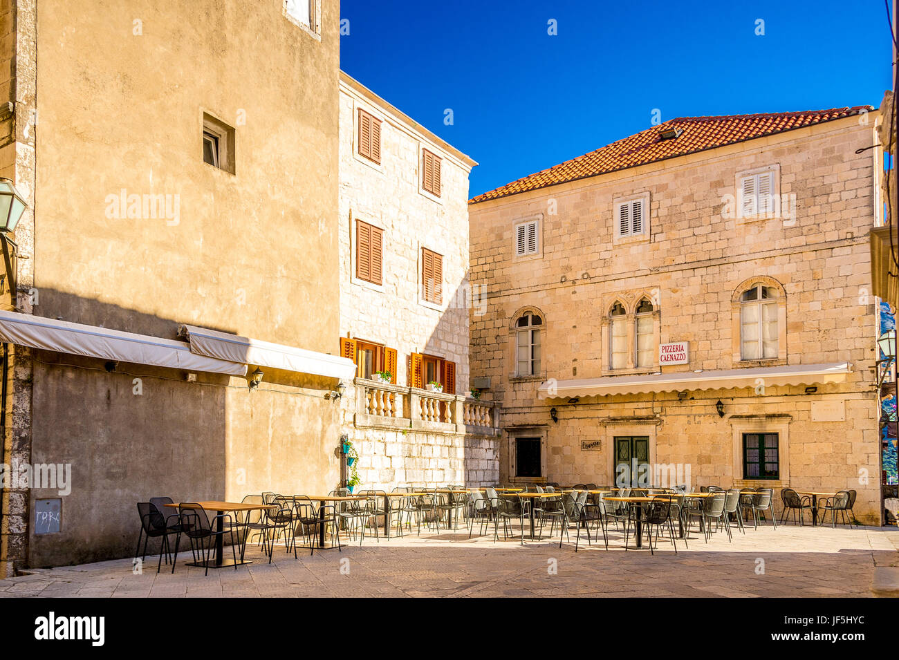 St Mark’s Square (Trg Svetog Marka) is the main square in Korcula Old Town, popular with locals and visitors alike. Stock Photo