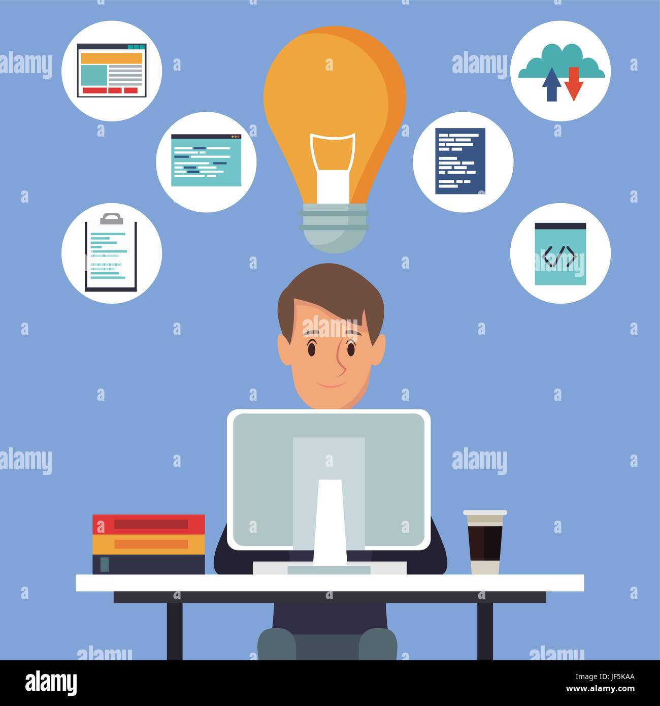 color background man in desk with tech computer and icons programming ...