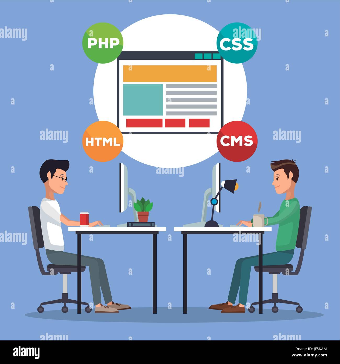 Color Background Men Worker In Desk With Computer And Programming