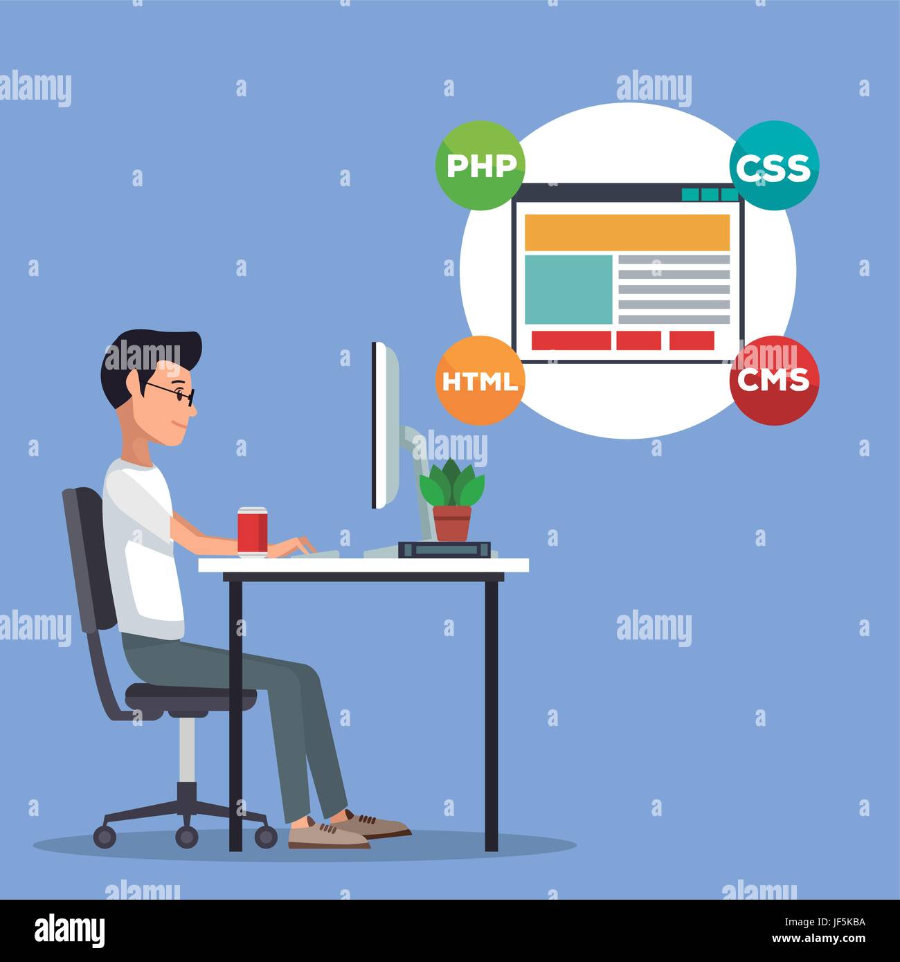 Color Scene Background Side View Web Developer Man In Desk