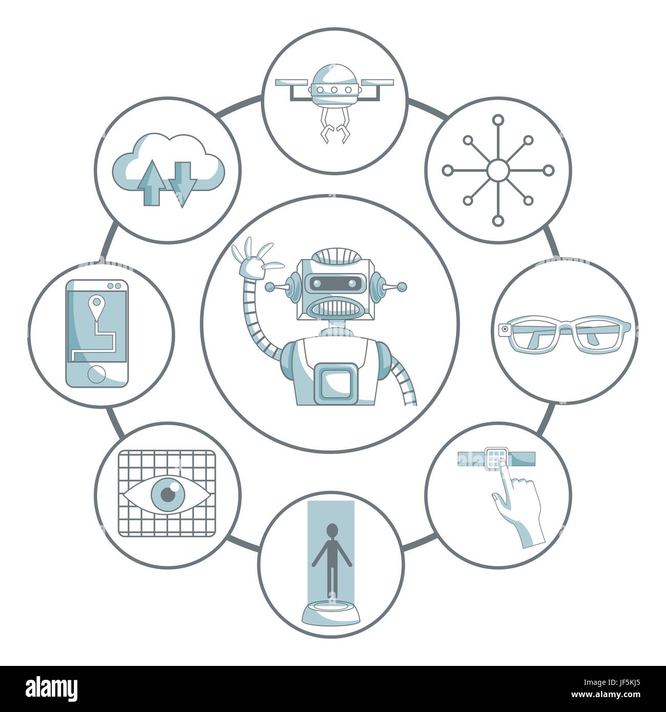 white background with silhouette color sections shading of mechanical robot in center arounds of set elements futuristic in circular frame Stock Vector