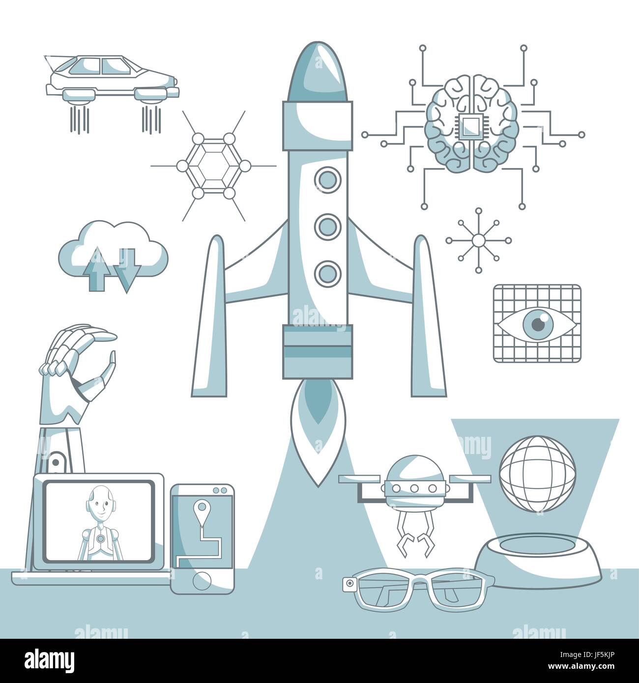 white background with silhouette color sections shading of rocket ...