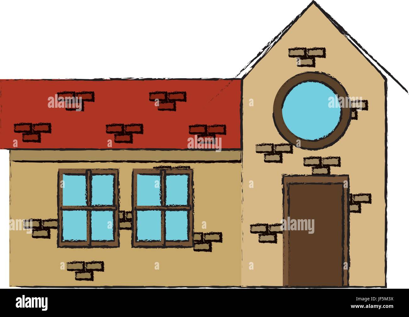 drawing house door round window brick residential Stock Vector