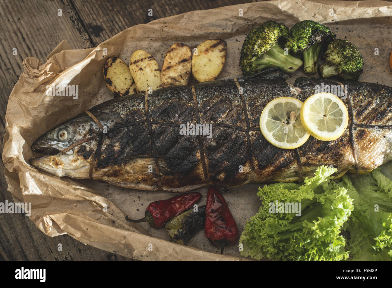 Roasted salmon and vegetables Stock Photo