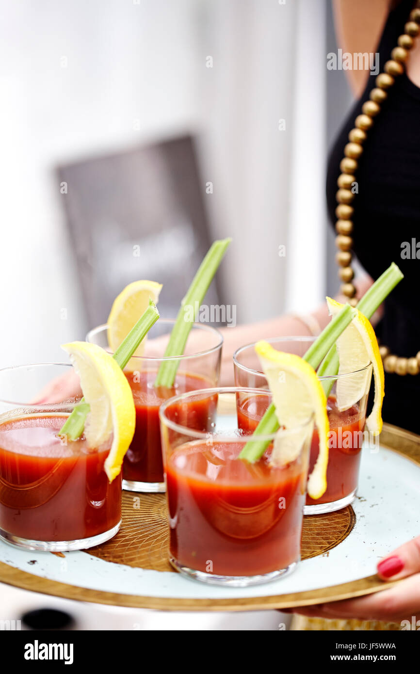 Glasses with bloody Mary on tray Stock Photo Alamy