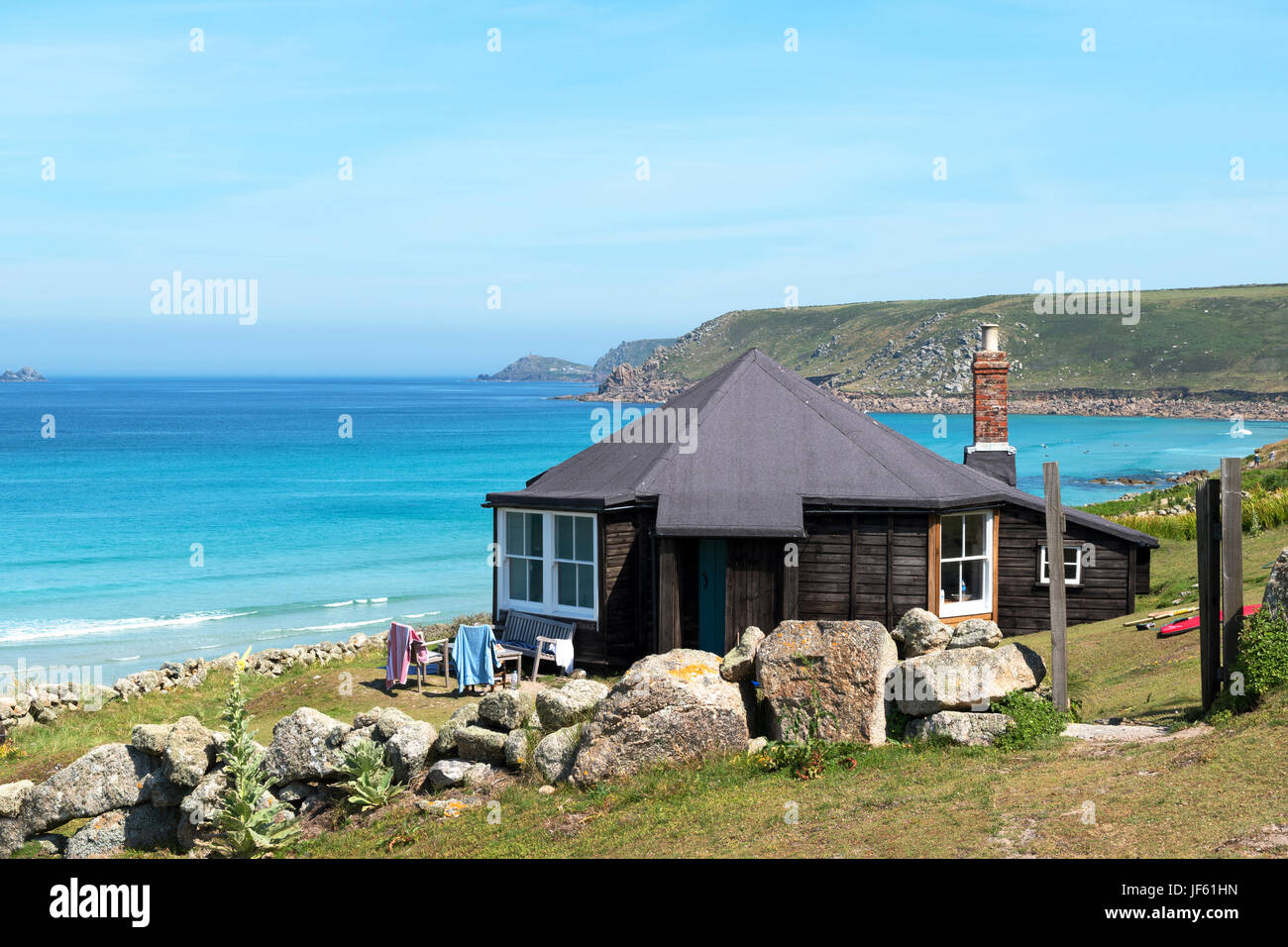 a holiday cottage overlooking the beach at sennen cove in cornwall, england, britain, uk. Stock Photo