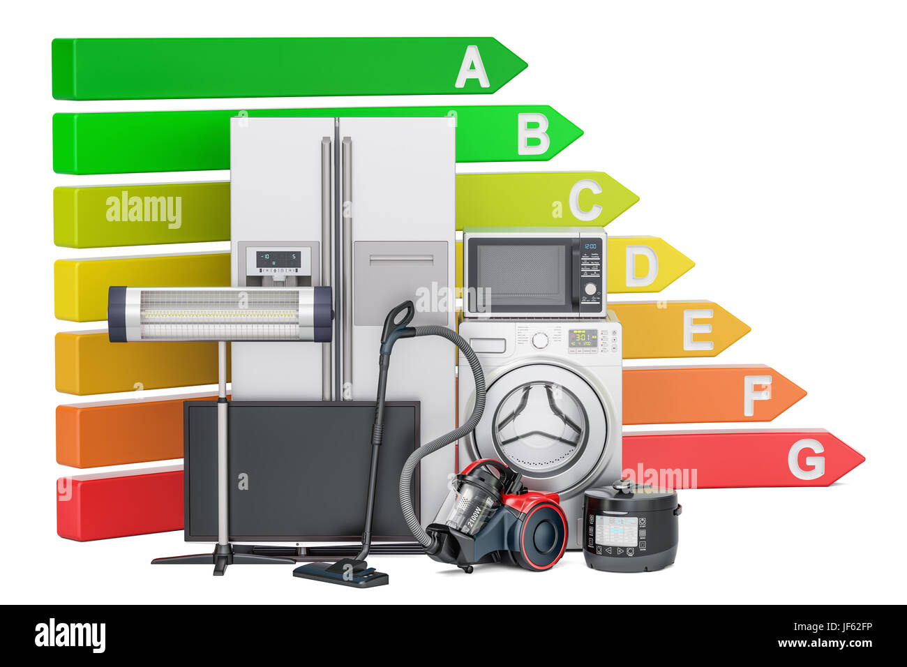 Energy efficiency chart with household appliances. Saving energy consumption concept, 3D rendering isolated on white background Stock Photo