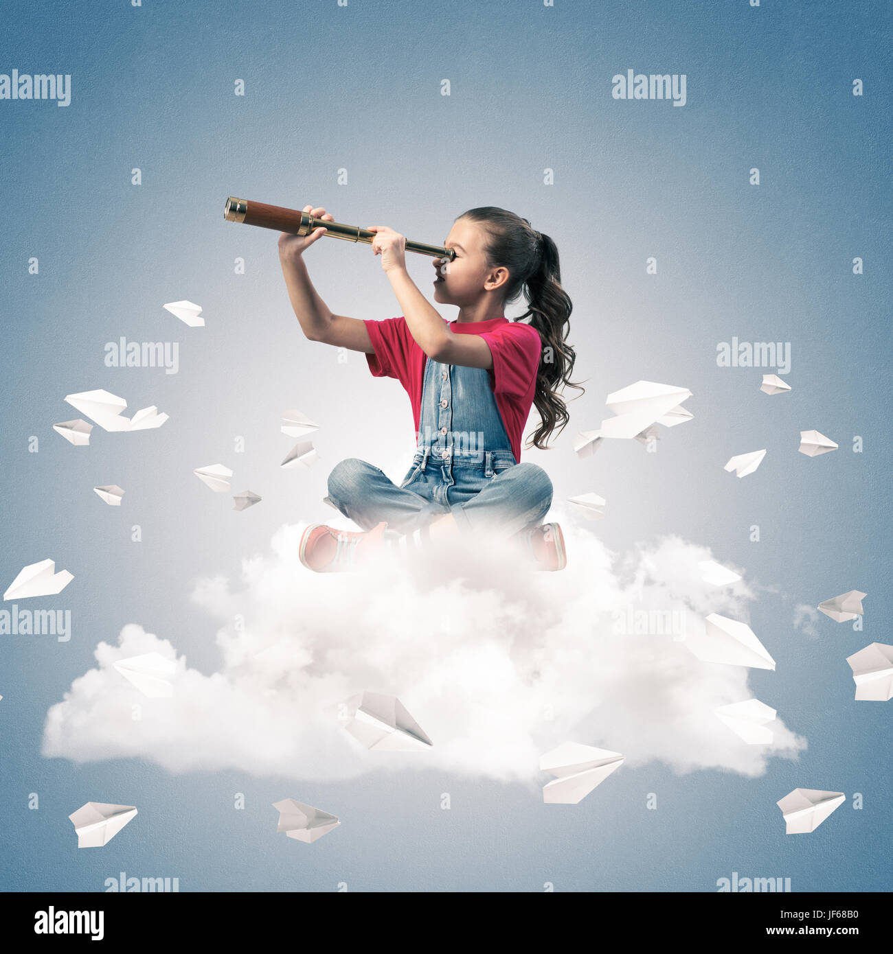 Cute kid girl sitting on cloud looking in spyglass and paper planes ...
