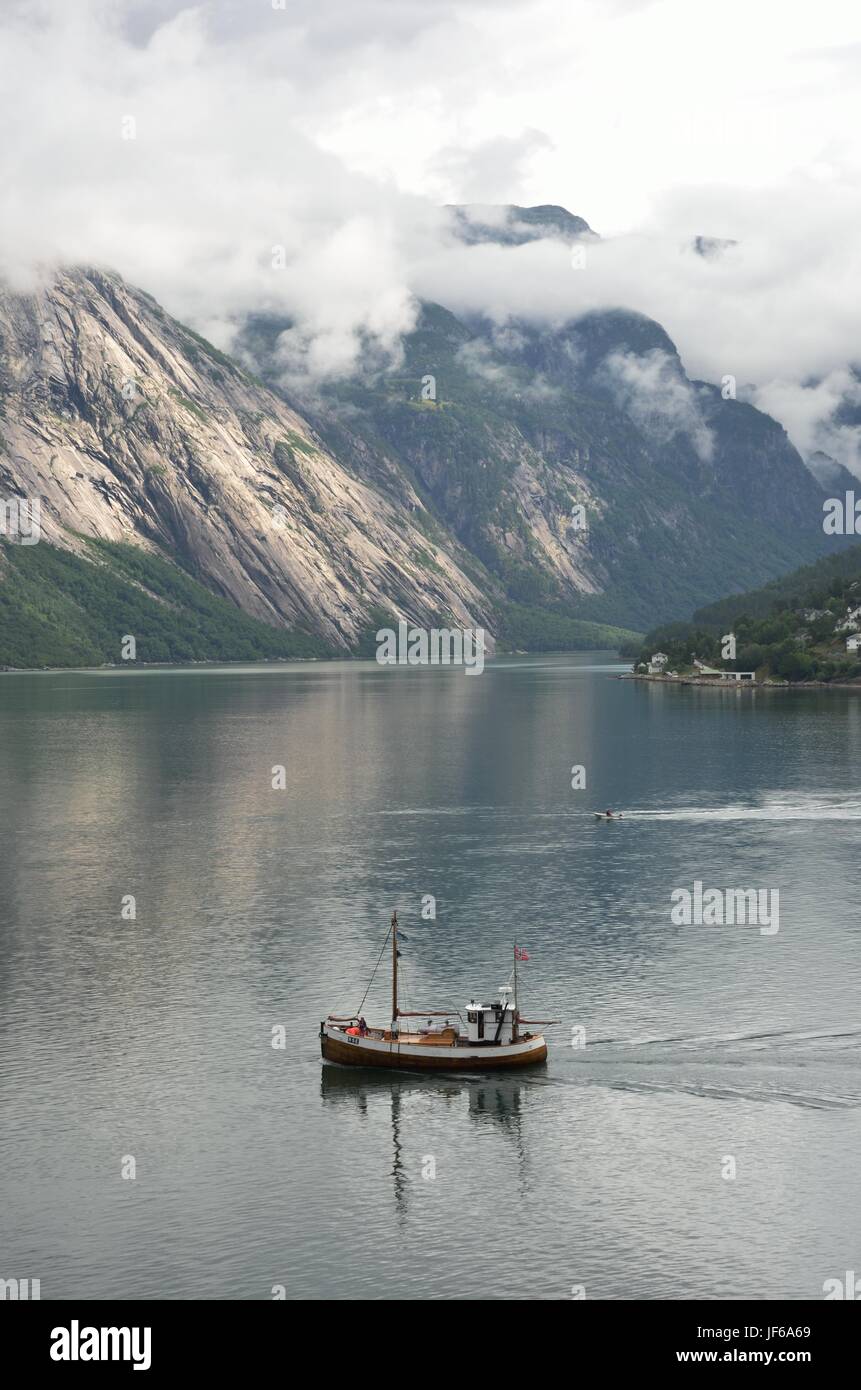 Small Fishing boat in Norway  Fjord Stock Photo