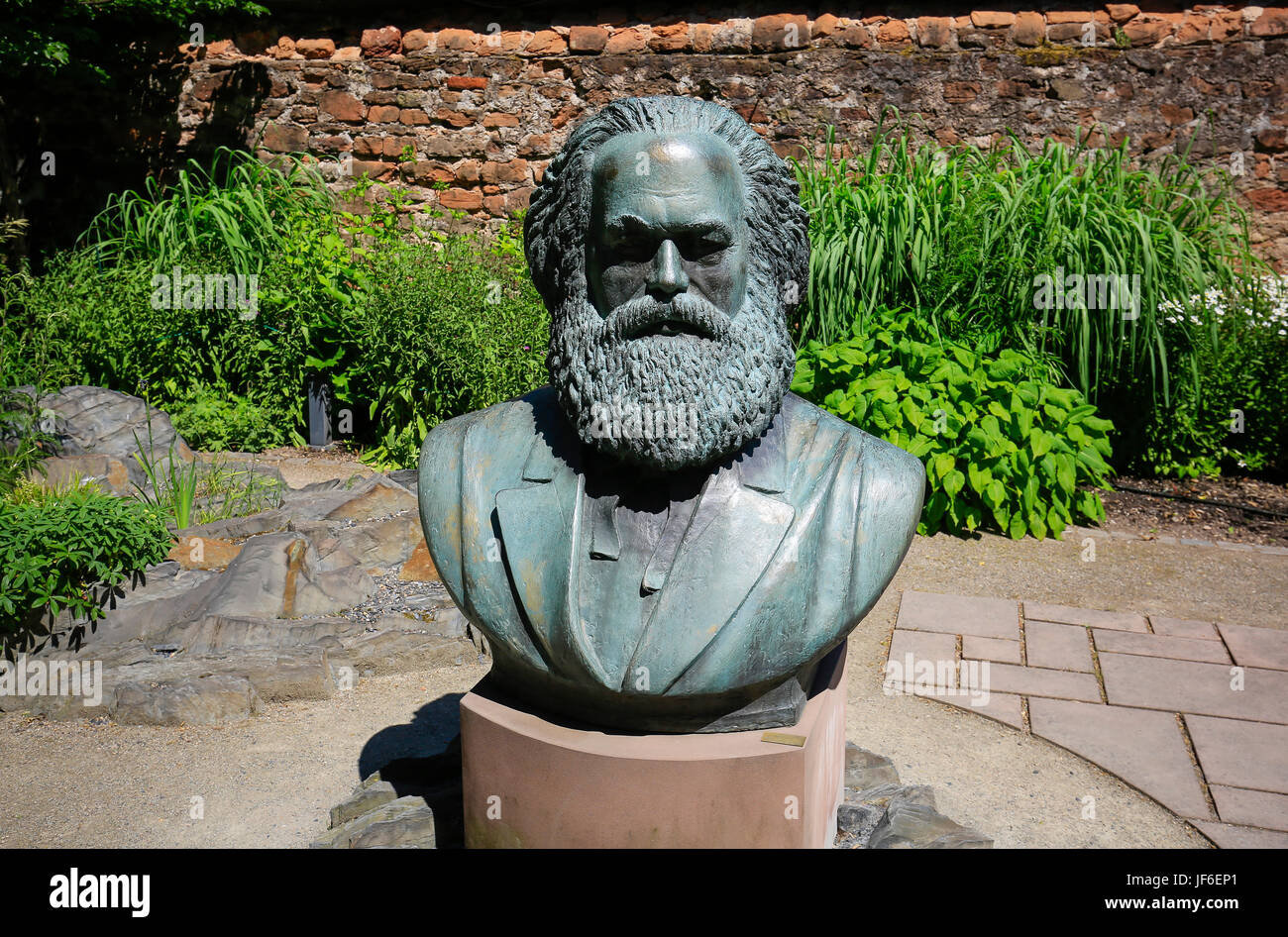 Bust of Karl Marx in the garden of the Karl-Marx-Haus, the birthplace of Karl Marx, Trier, Rhineland-Palatinate, Germany, Europe, BŸste von Karl Marx  Stock Photo