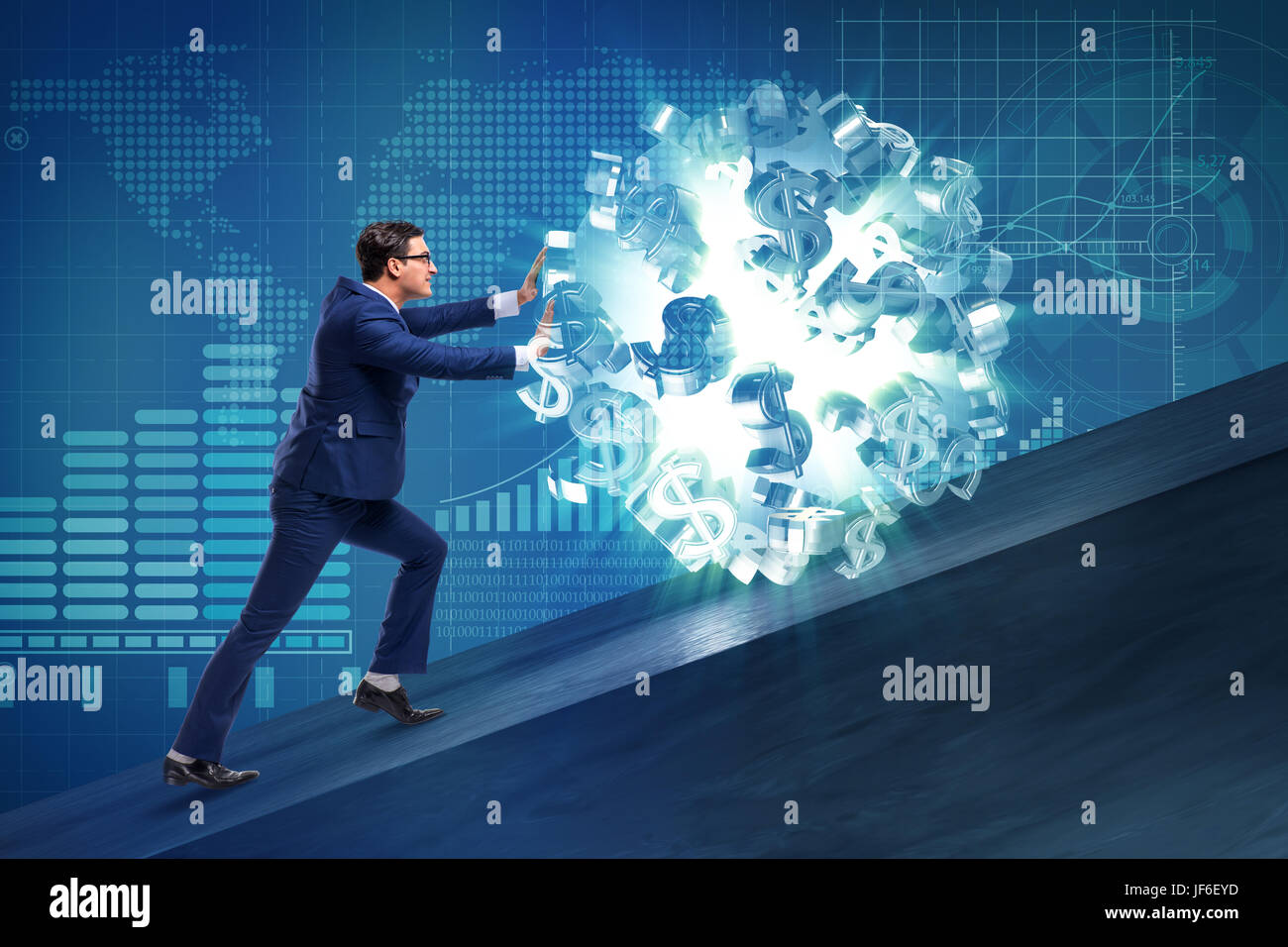 Businessman pushing away dollar ball Stock Photo - Alamy