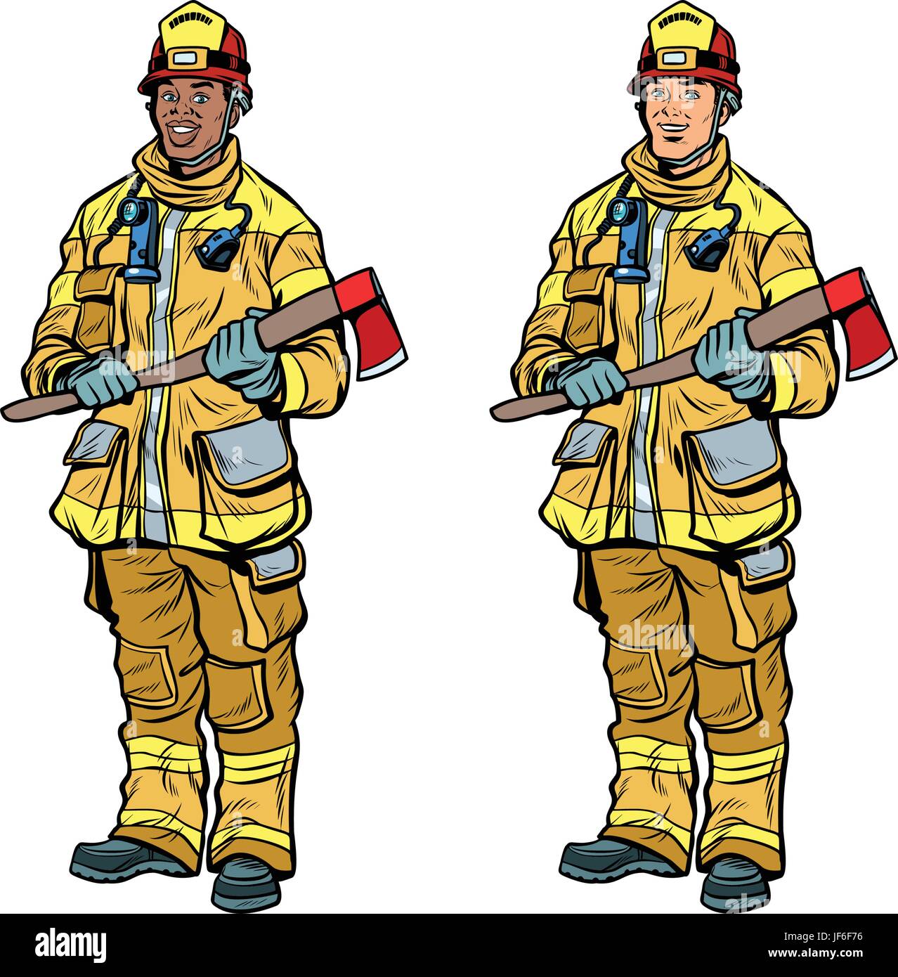 African American and Caucasian firemen in uniform with axes Stock Vector