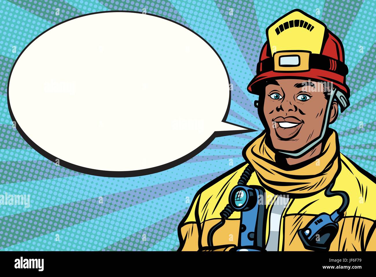 African American firefighter portrait, comic bubble Stock Vector