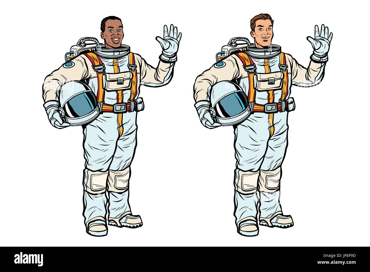 African and Caucasian astronauts in spacesuits Stock Vector