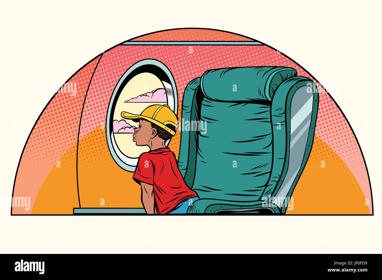 African boy passenger looks out the window on an airliner Stock Vector