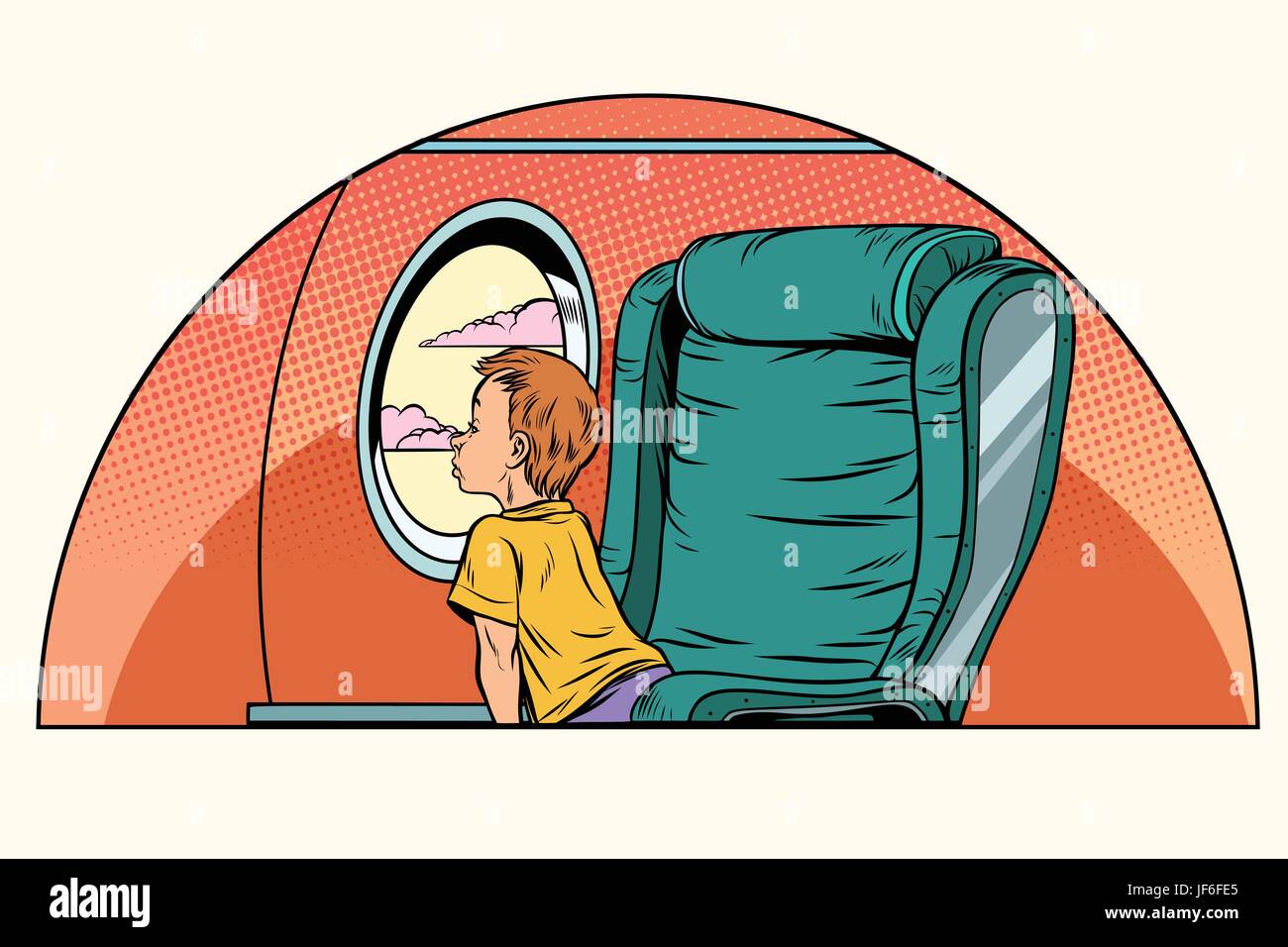 Caucasian boy passenger looks out the window on an airliner Stock Vector
